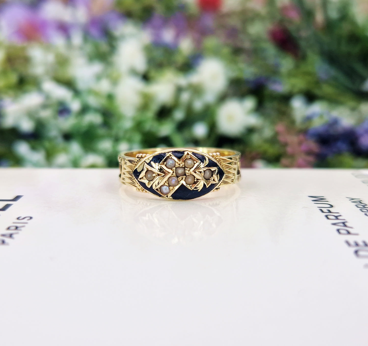 Antique Victorian 15ct Yellow Gold and Black Enamel Pearl Mourning Band Ring / Size P or 8