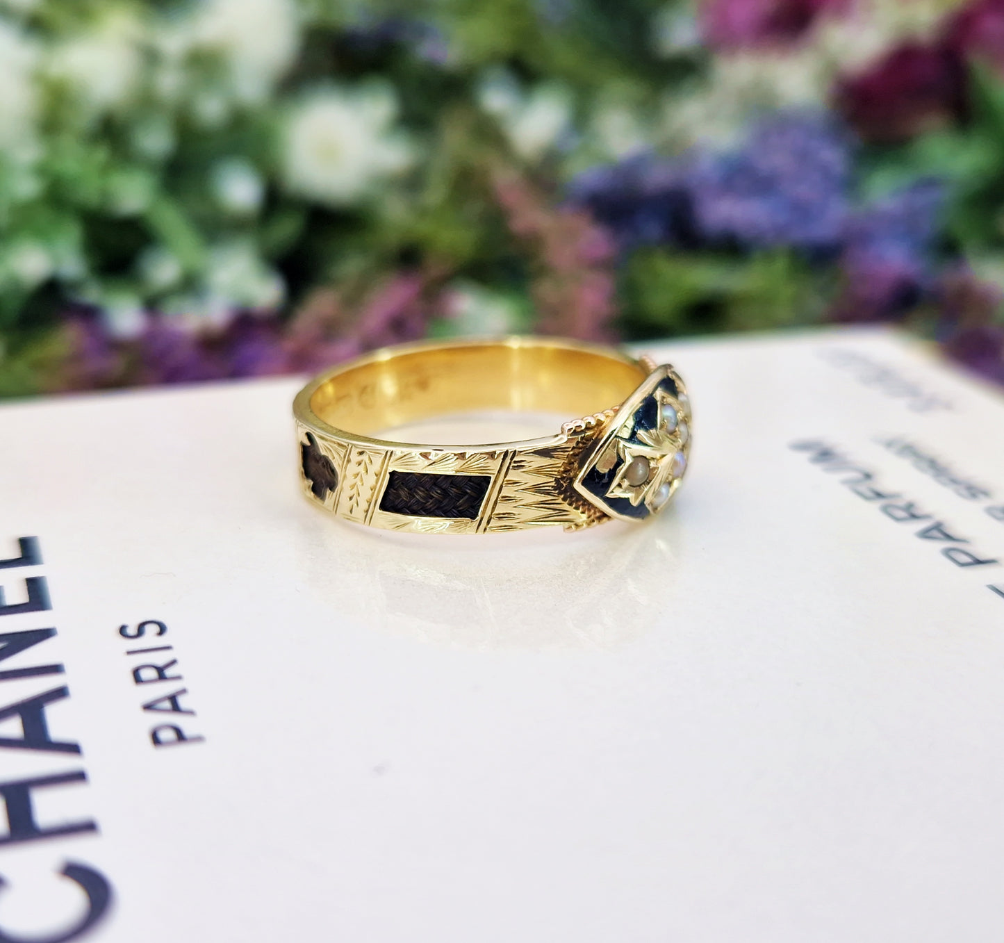 Antique Victorian 15ct Yellow Gold and Black Enamel Pearl Mourning Band Ring / Size P or 8