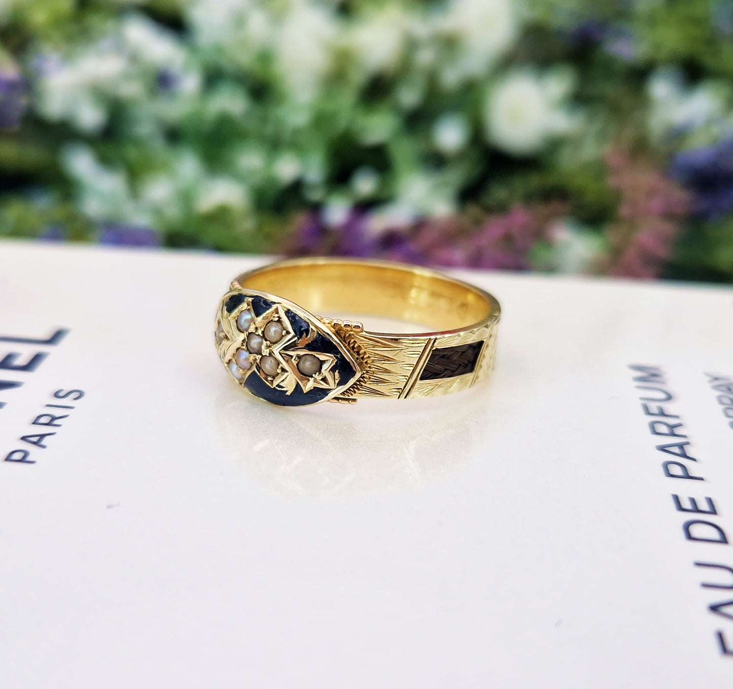 Antique Victorian 15ct Yellow Gold and Black Enamel Pearl Mourning Band Ring / Size P or 8