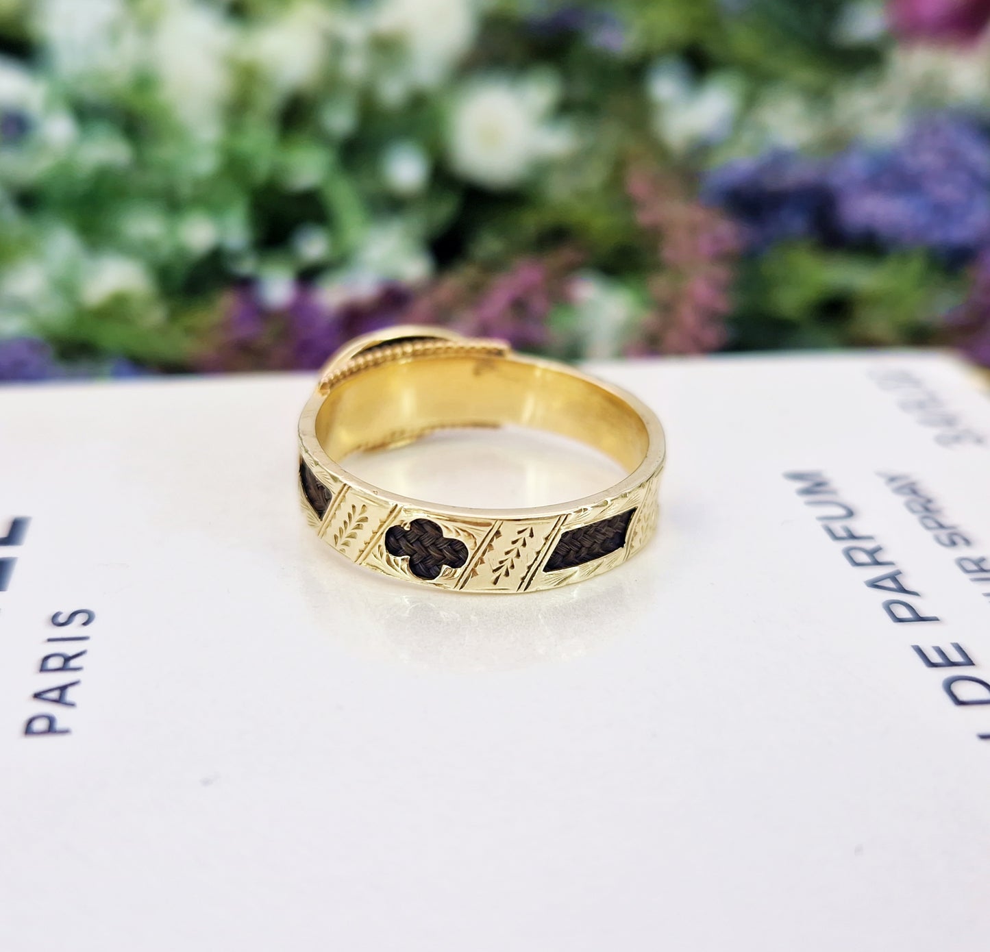 Antique Victorian 15ct Yellow Gold and Black Enamel Pearl Mourning Band Ring / Size P or 8