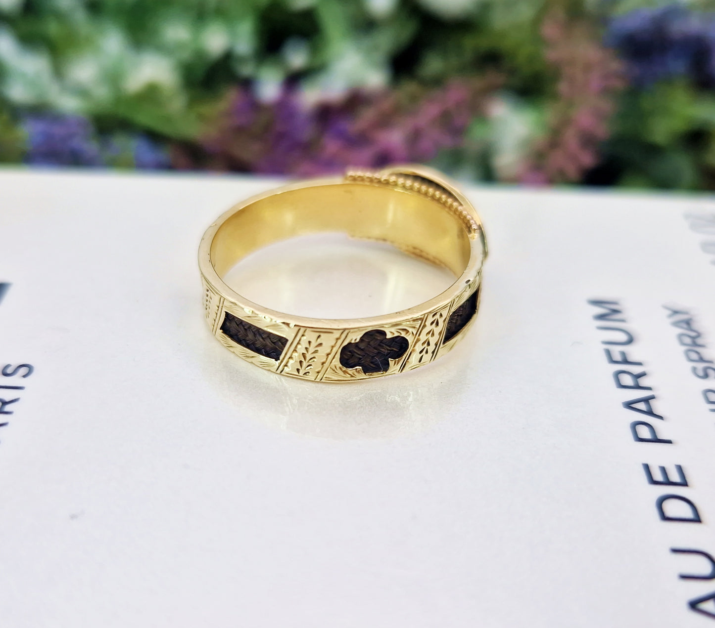Antique Victorian 15ct Yellow Gold and Black Enamel Pearl Mourning Band Ring / Size P or 8