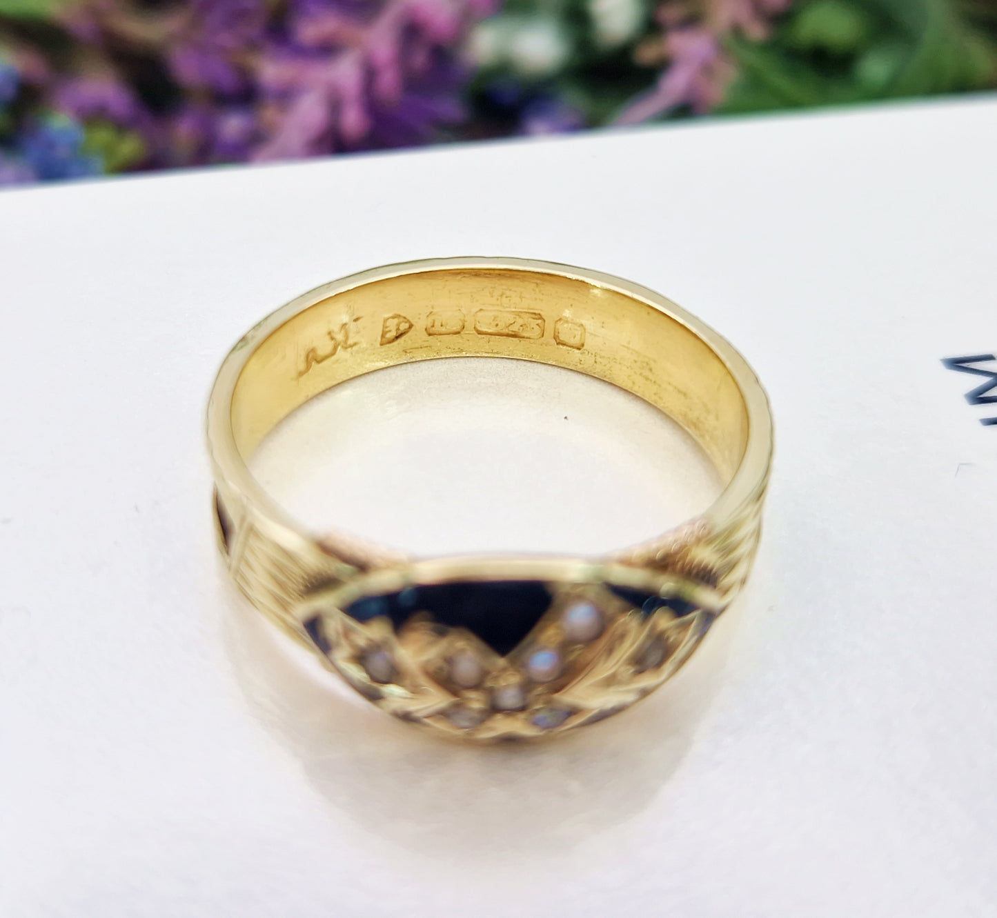 Antique Victorian 15ct Yellow Gold and Black Enamel Pearl Mourning Band Ring / Size P or 8