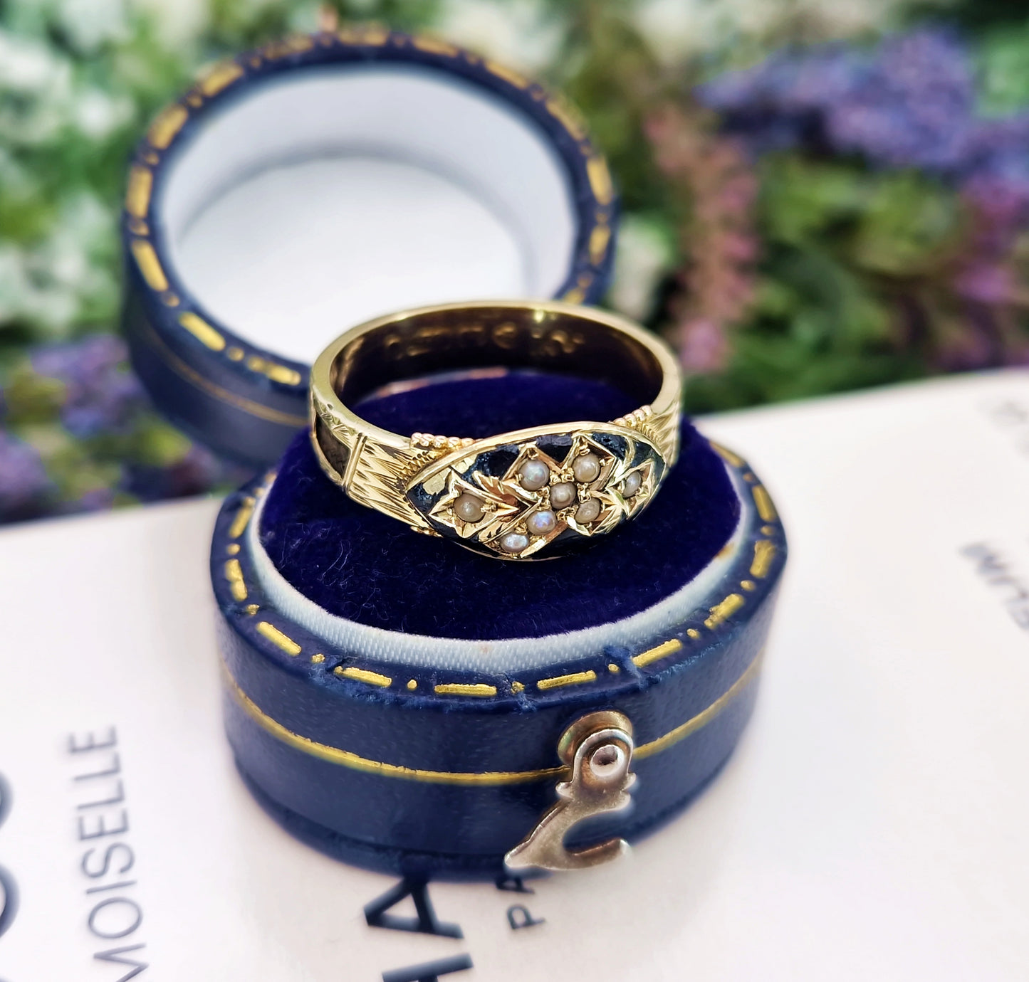 Antique Victorian 15ct Yellow Gold and Black Enamel Pearl Mourning Band Ring / Size P or 8