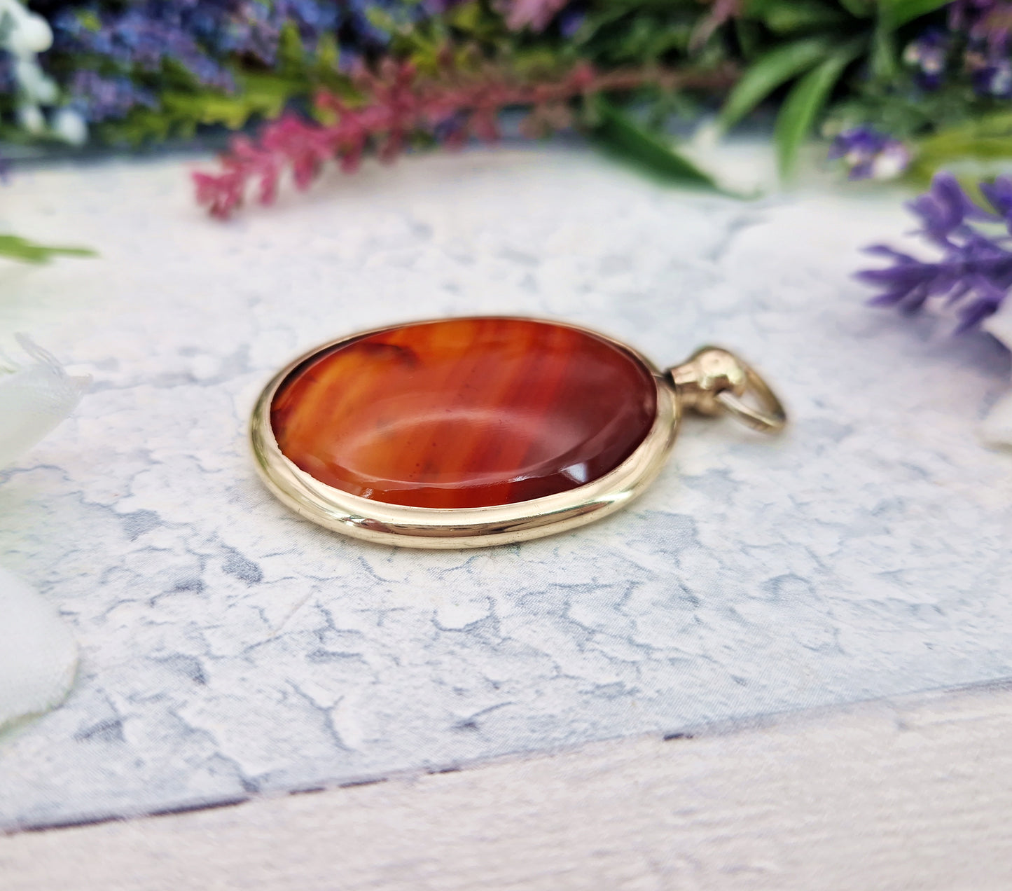 Antique Edwardian Rolled Gold Large Oval Locket Pendant with Orange Agate