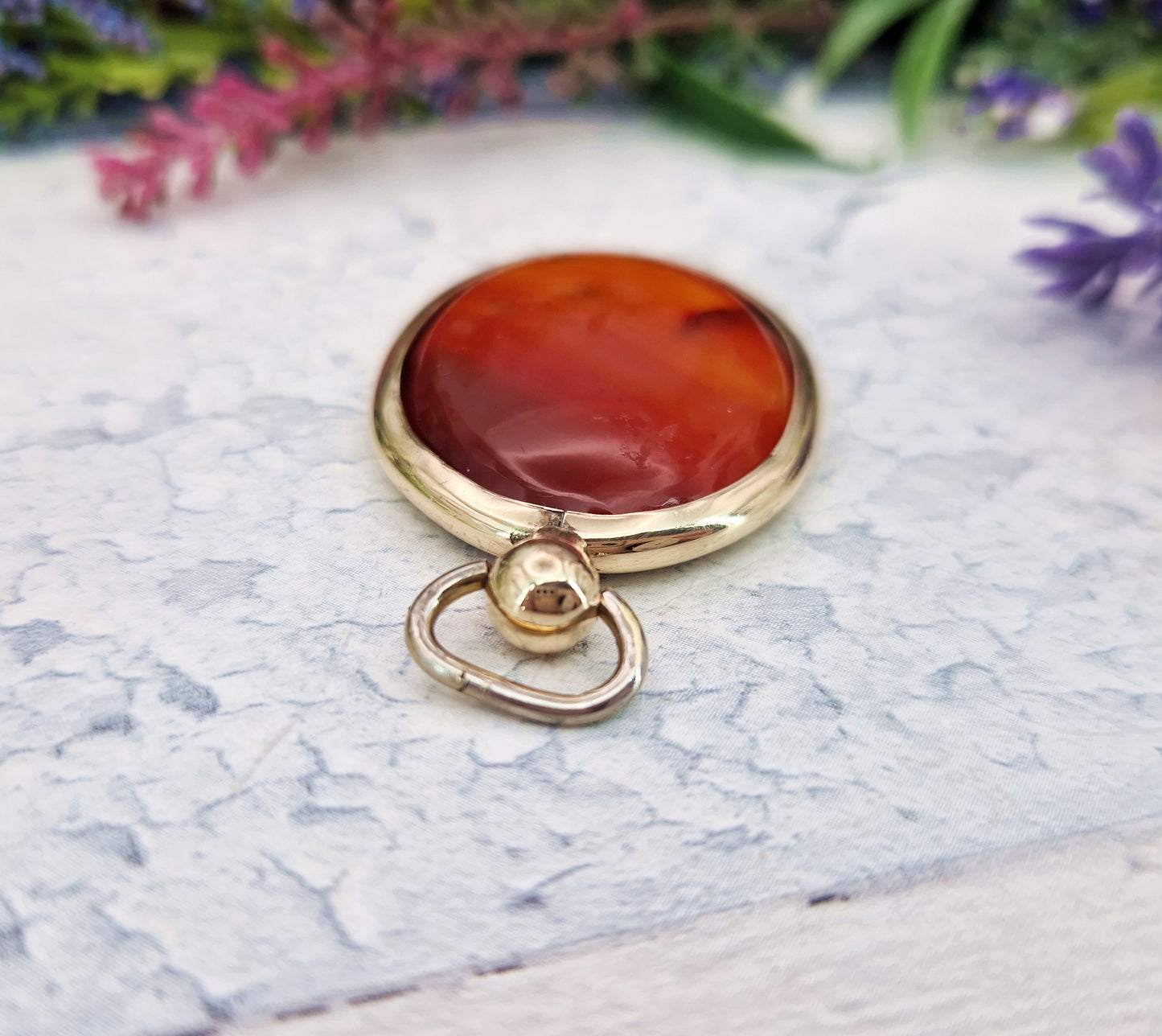 Antique Edwardian Rolled Gold Large Oval Locket Pendant with Orange Agate