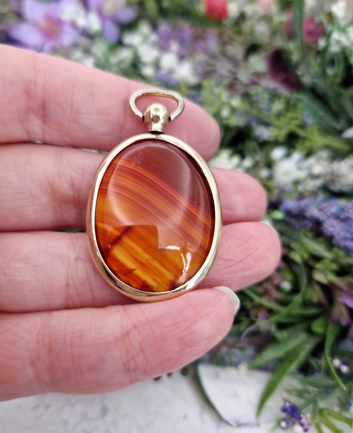 Antique Edwardian Rolled Gold Large Oval Locket Pendant with Orange Agate
