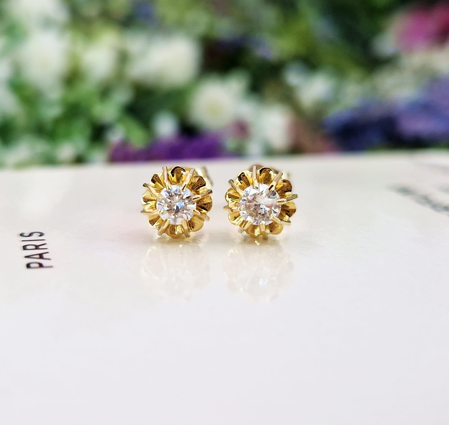 Vintage 18ct Yellow Gold Natural Diamond Solitaire Stud Earrings 0.31 TCW