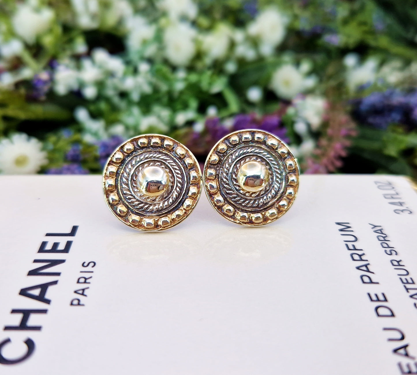 Vintage 1961 Gold on Sterling Silver Statement Button Shaped Stud Earrings