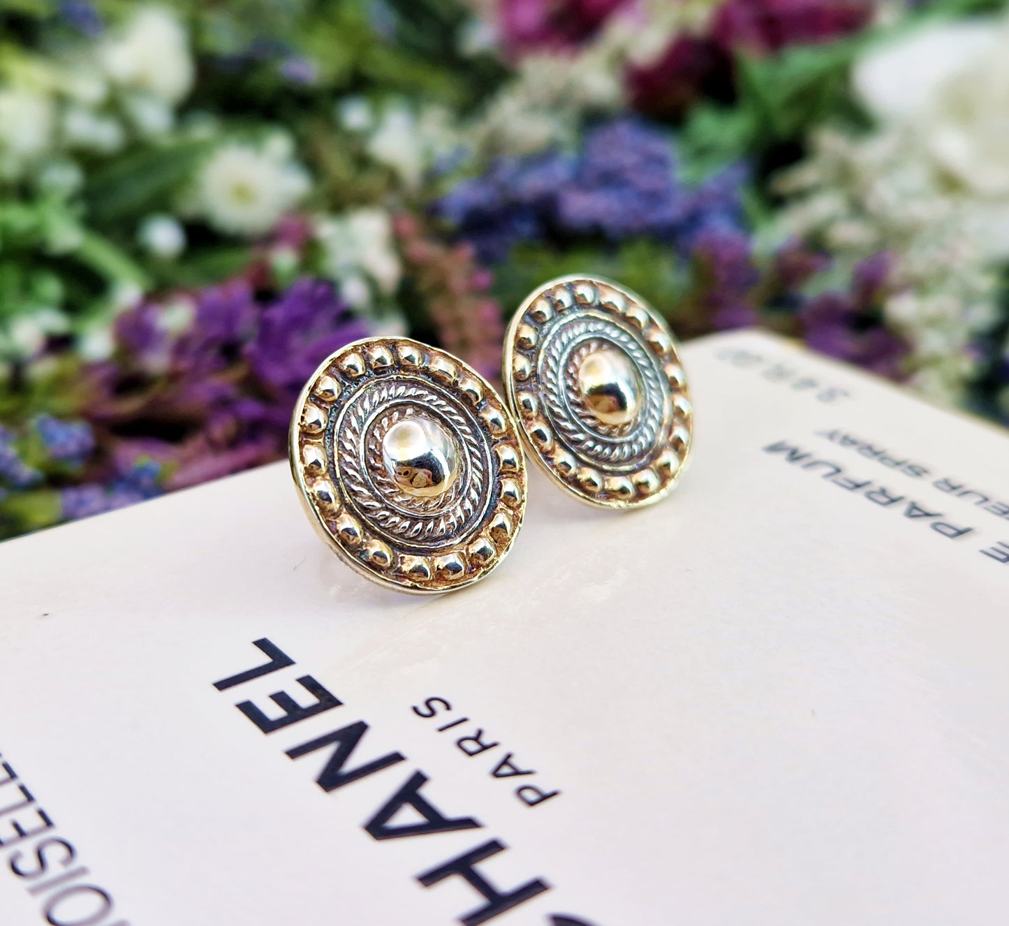 Vintage 1961 Gold on Sterling Silver Statement Button Shaped Stud Earrings