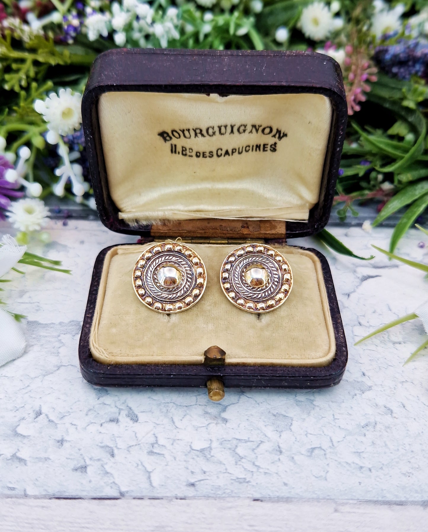 Vintage 1961 Gold on Sterling Silver Statement Button Shaped Stud Earrings