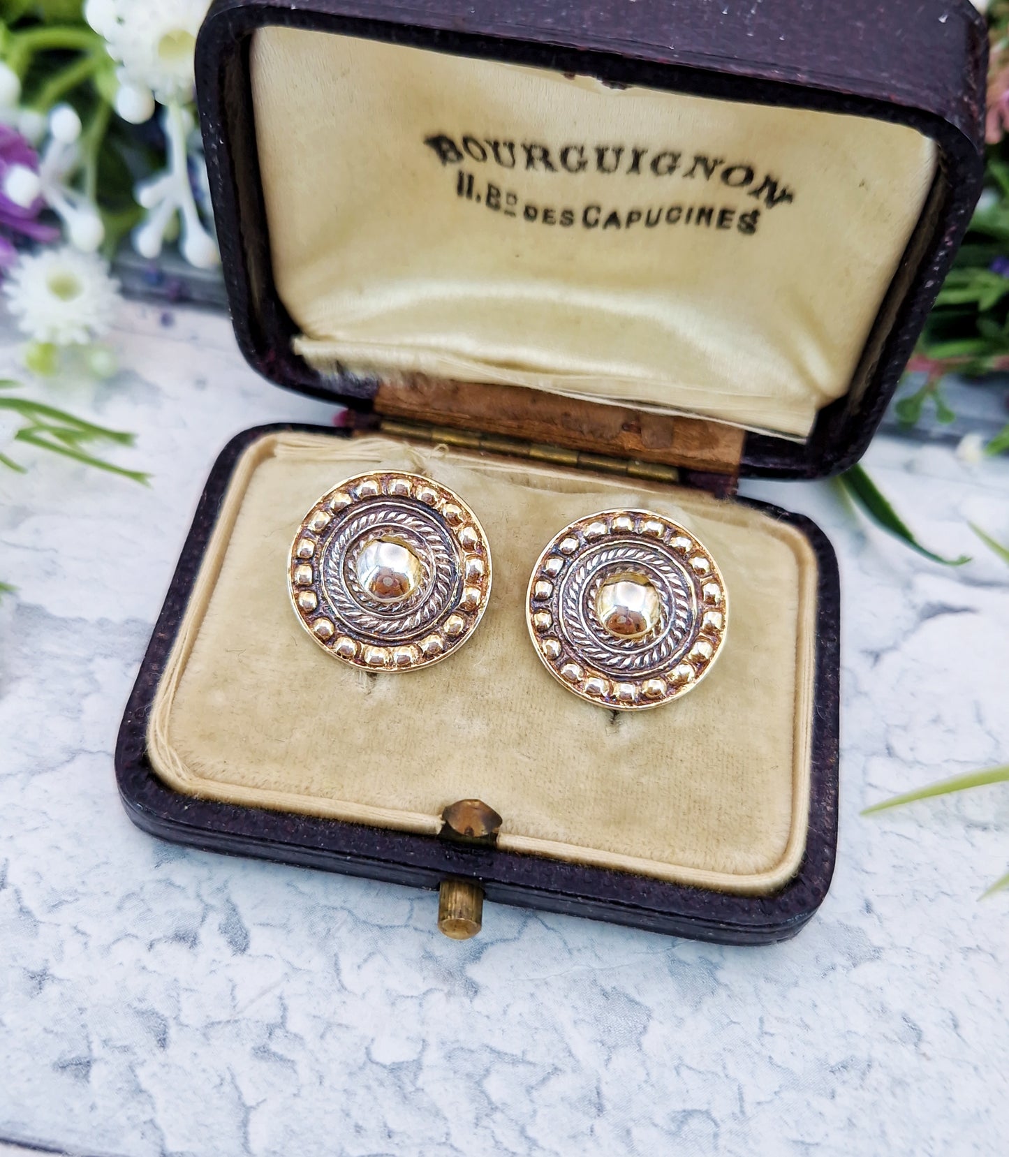 Vintage 1961 Gold on Sterling Silver Statement Button Shaped Stud Earrings