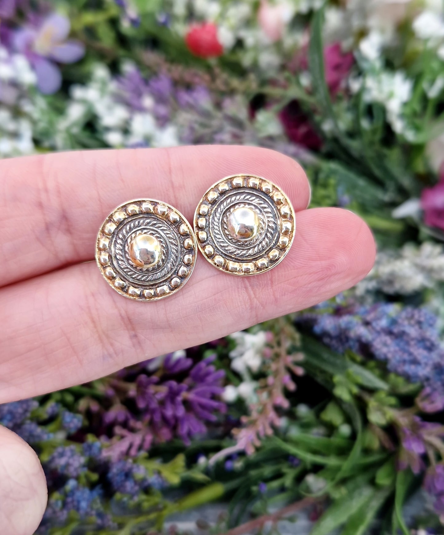 Vintage 1961 Gold on Sterling Silver Statement Button Shaped Stud Earrings