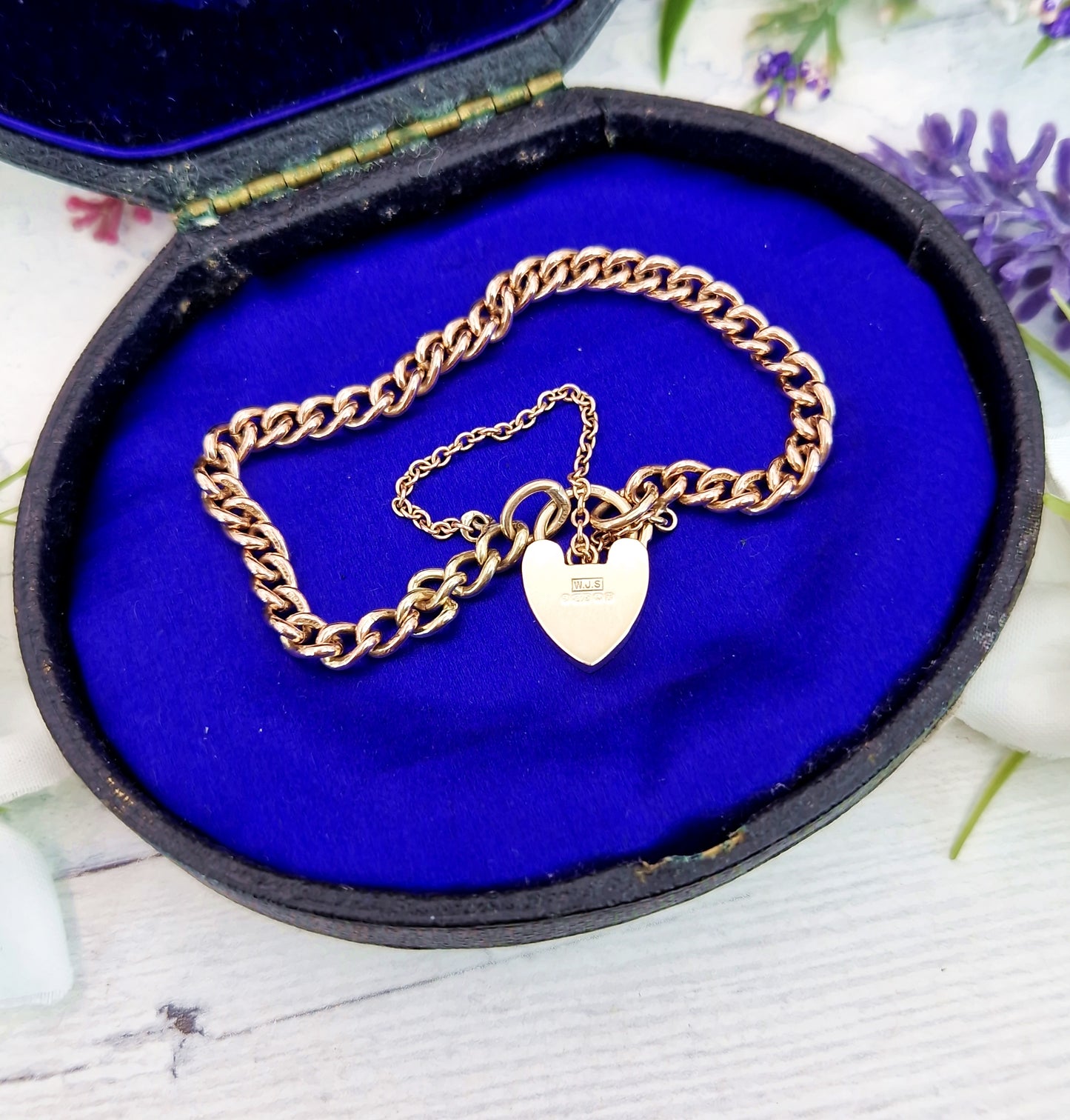 Vintage 1968 9ct Yellow Gold Classic Curb Link Charm Bracelet with Love Heart Padlock 10.9 grams