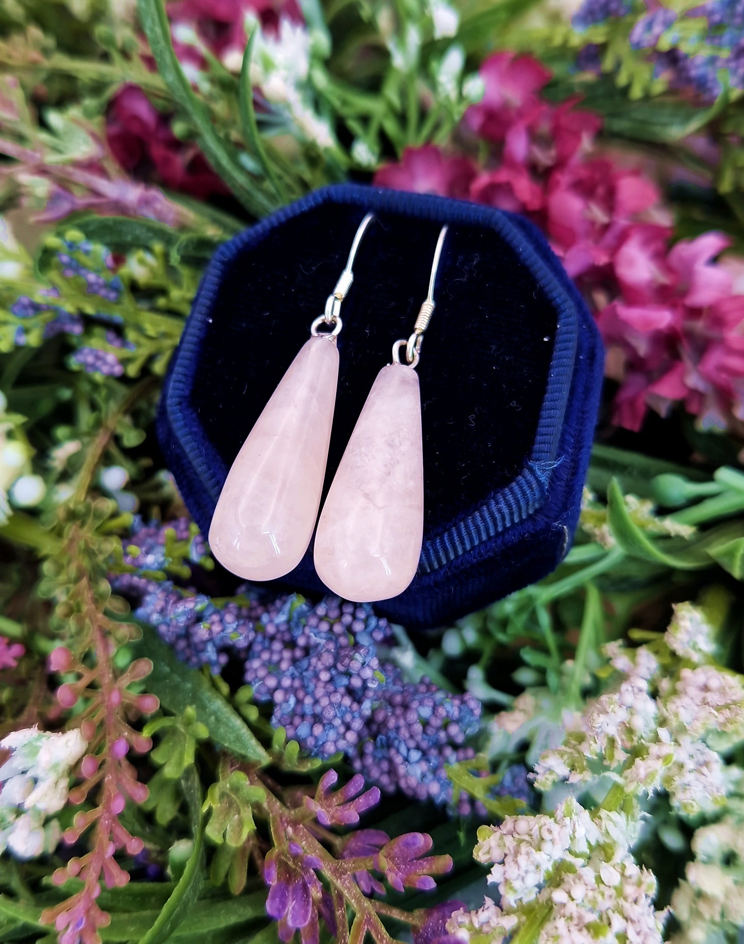 Vintage Sterling Silver Long Teardrop Polished Pink Rose Quartz Drop Earrings