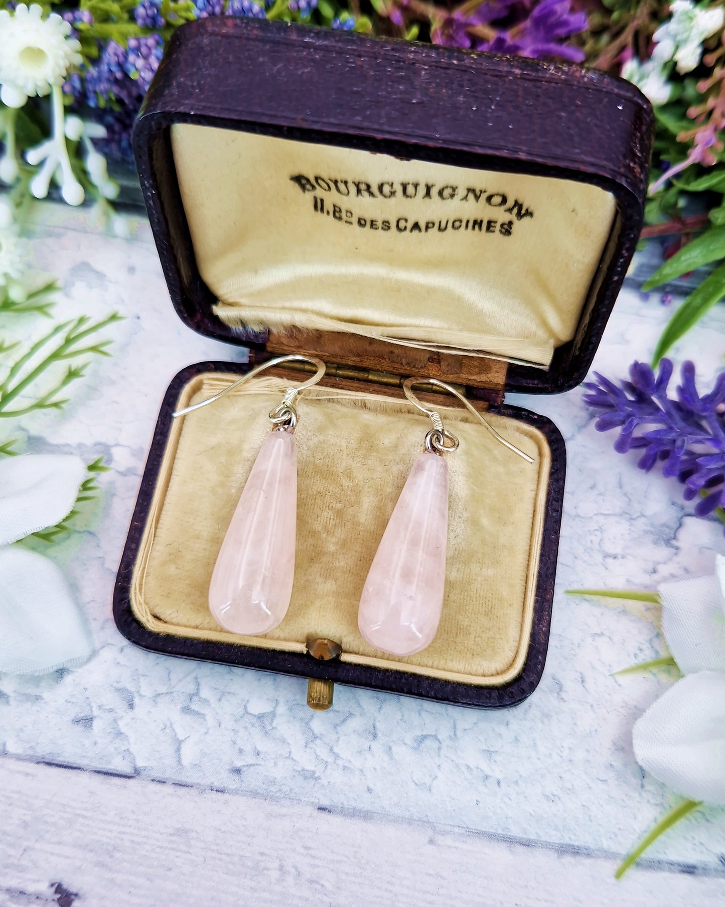 Vintage Sterling Silver Long Teardrop Polished Pink Rose Quartz Drop Earrings