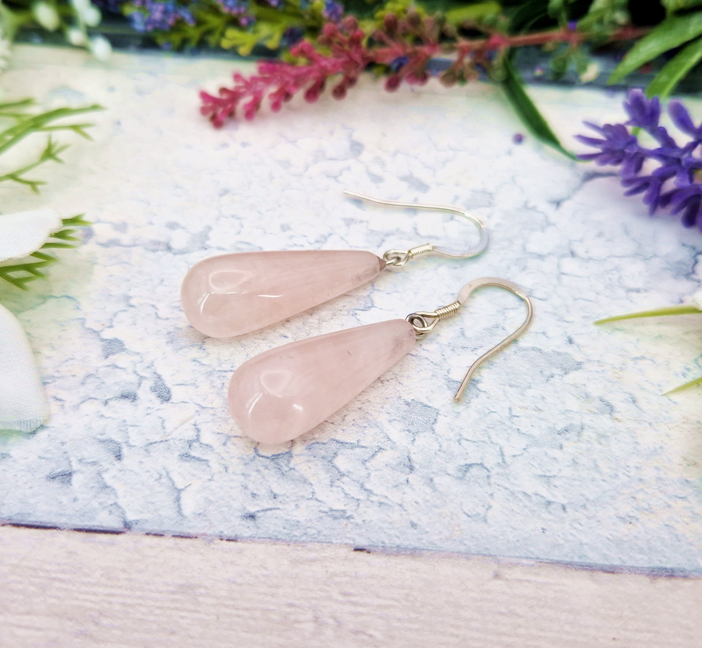 Vintage Sterling Silver Long Teardrop Polished Pink Rose Quartz Drop Earrings