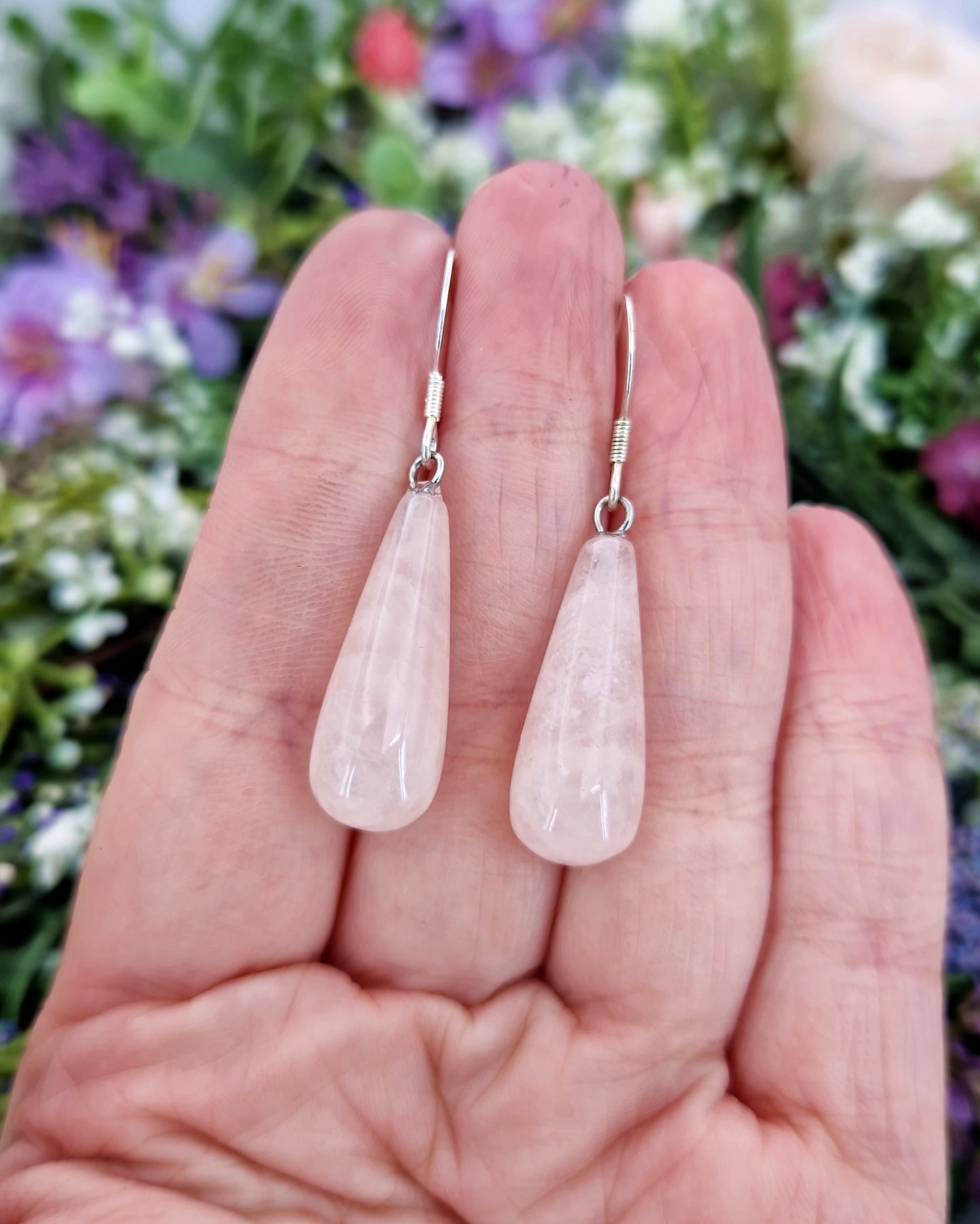 Vintage Sterling Silver Long Teardrop Polished Pink Rose Quartz Drop Earrings