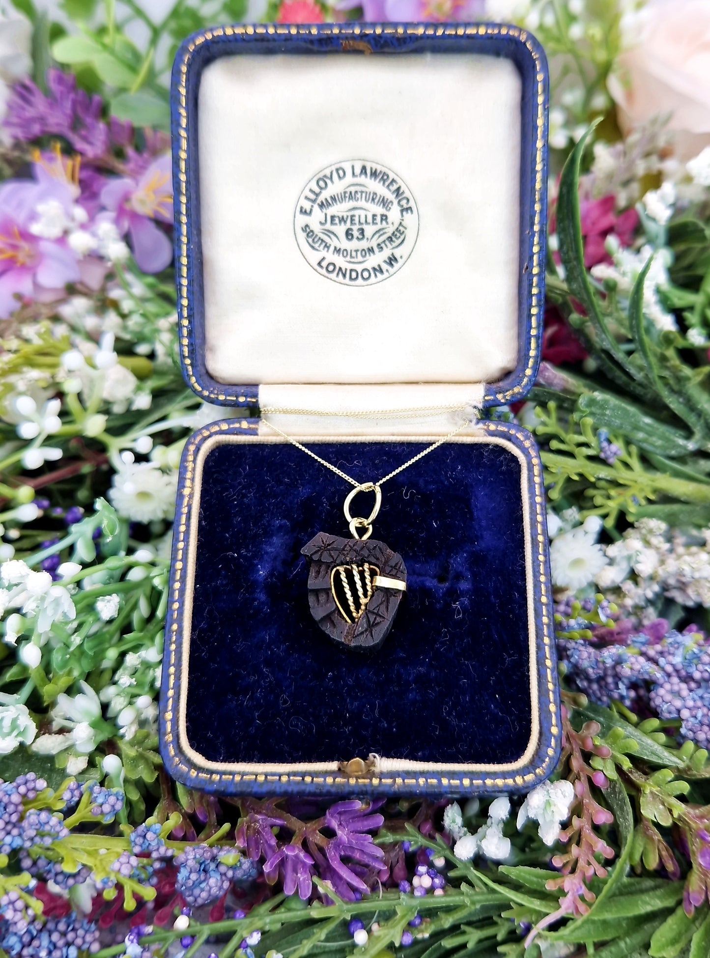 Antique Victorian Gold Tone Carved Bog Oak Irish Harp Pendant Necklace