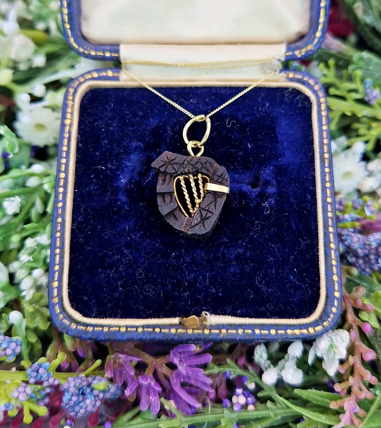 Antique Victorian Gold Tone Carved Bog Oak Irish Harp Pendant Necklace