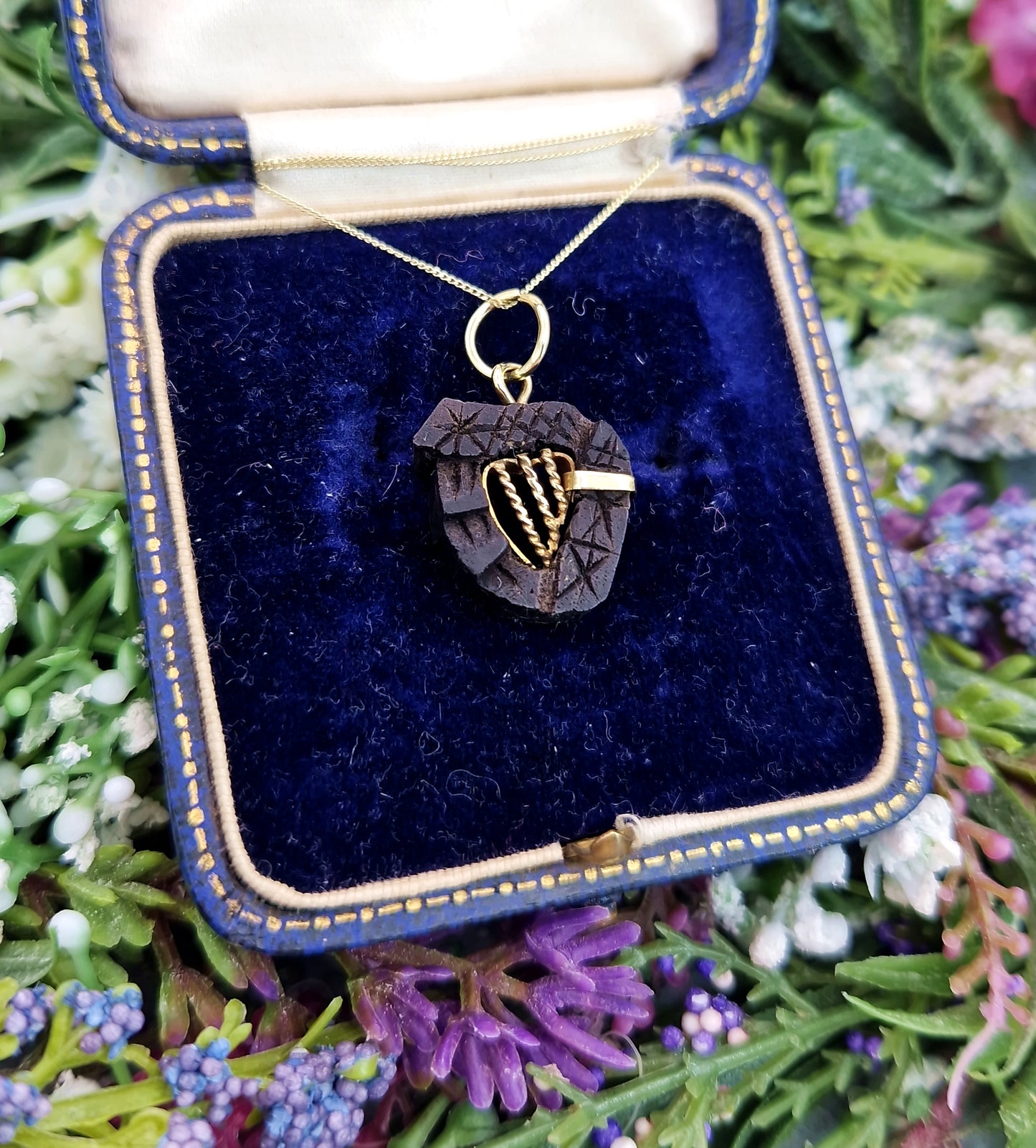 Antique Victorian Gold Tone Carved Bog Oak Irish Harp Pendant Necklace