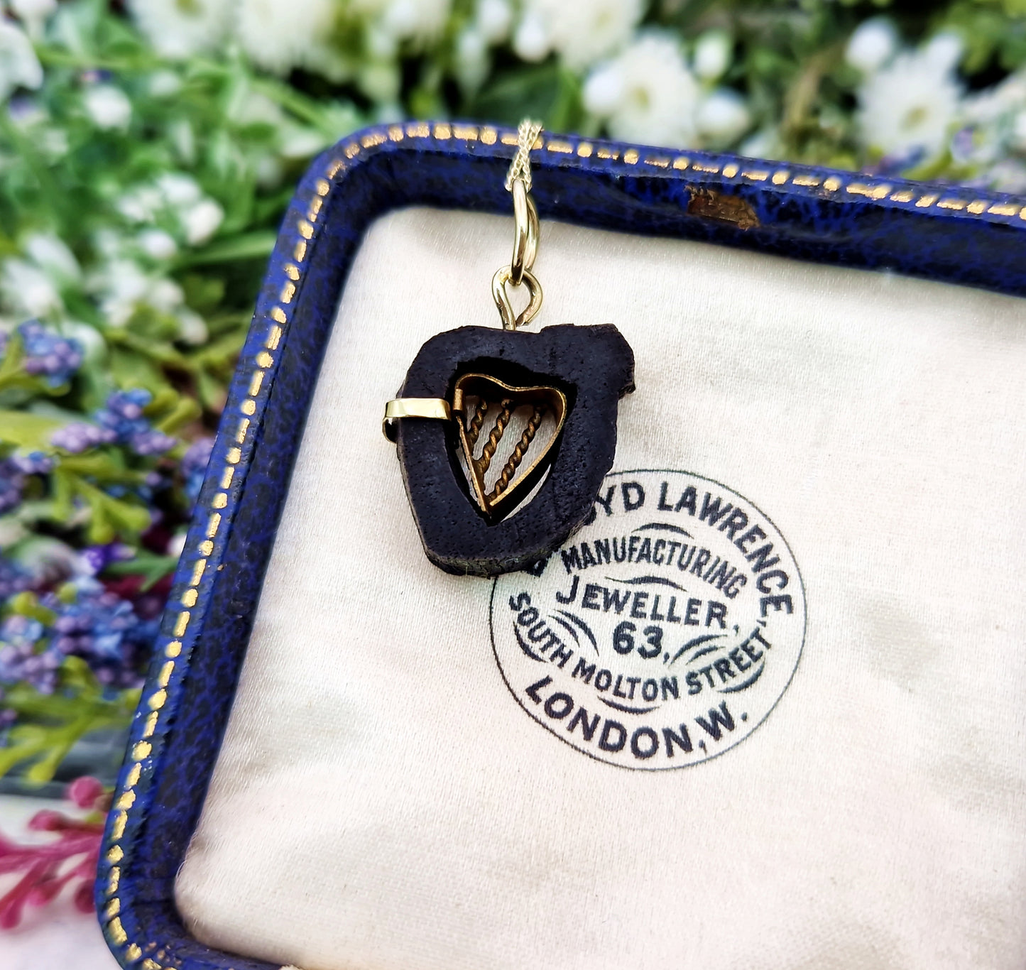 Antique Victorian Gold Tone Carved Bog Oak Irish Harp Pendant Necklace