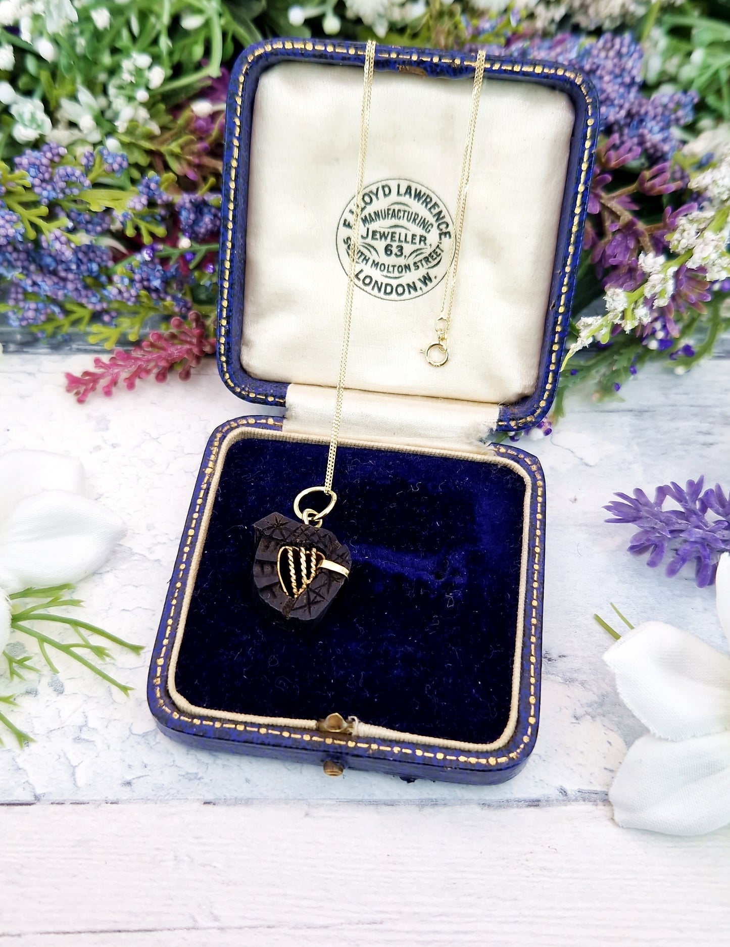 Antique Victorian Gold Tone Carved Bog Oak Irish Harp Pendant Necklace
