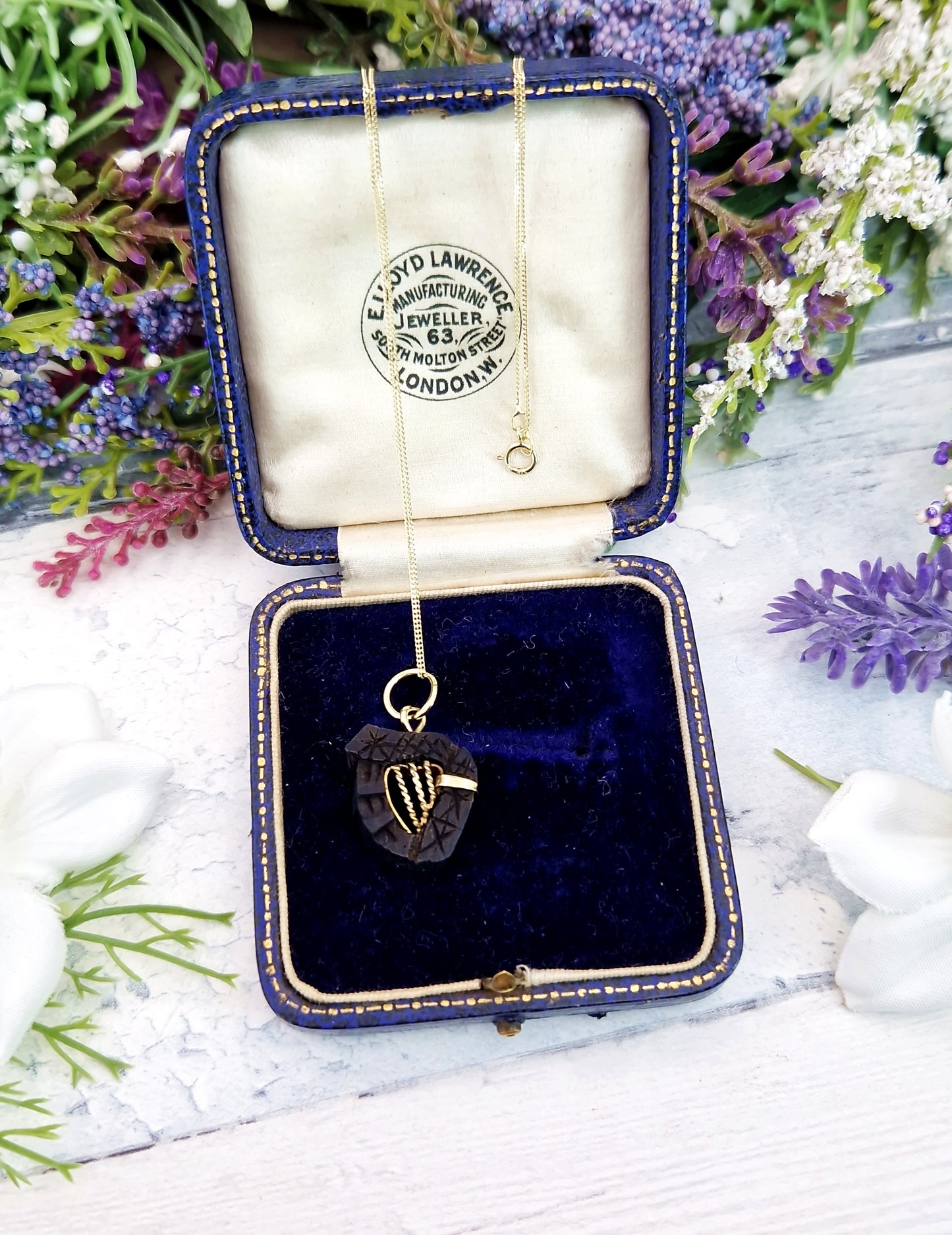Antique Victorian Gold Tone Carved Bog Oak Irish Harp Pendant Necklace