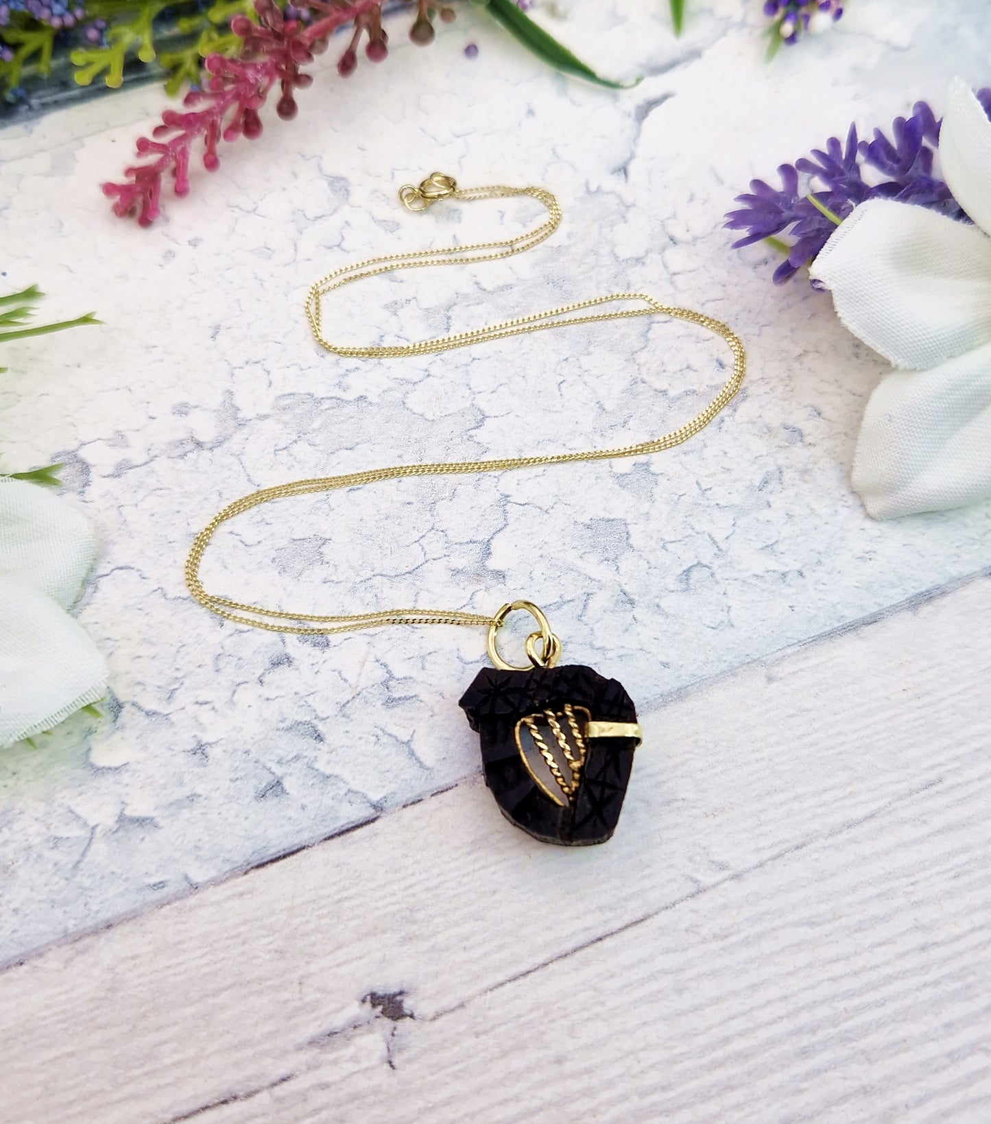 Antique Victorian Gold Tone Carved Bog Oak Irish Harp Pendant Necklace
