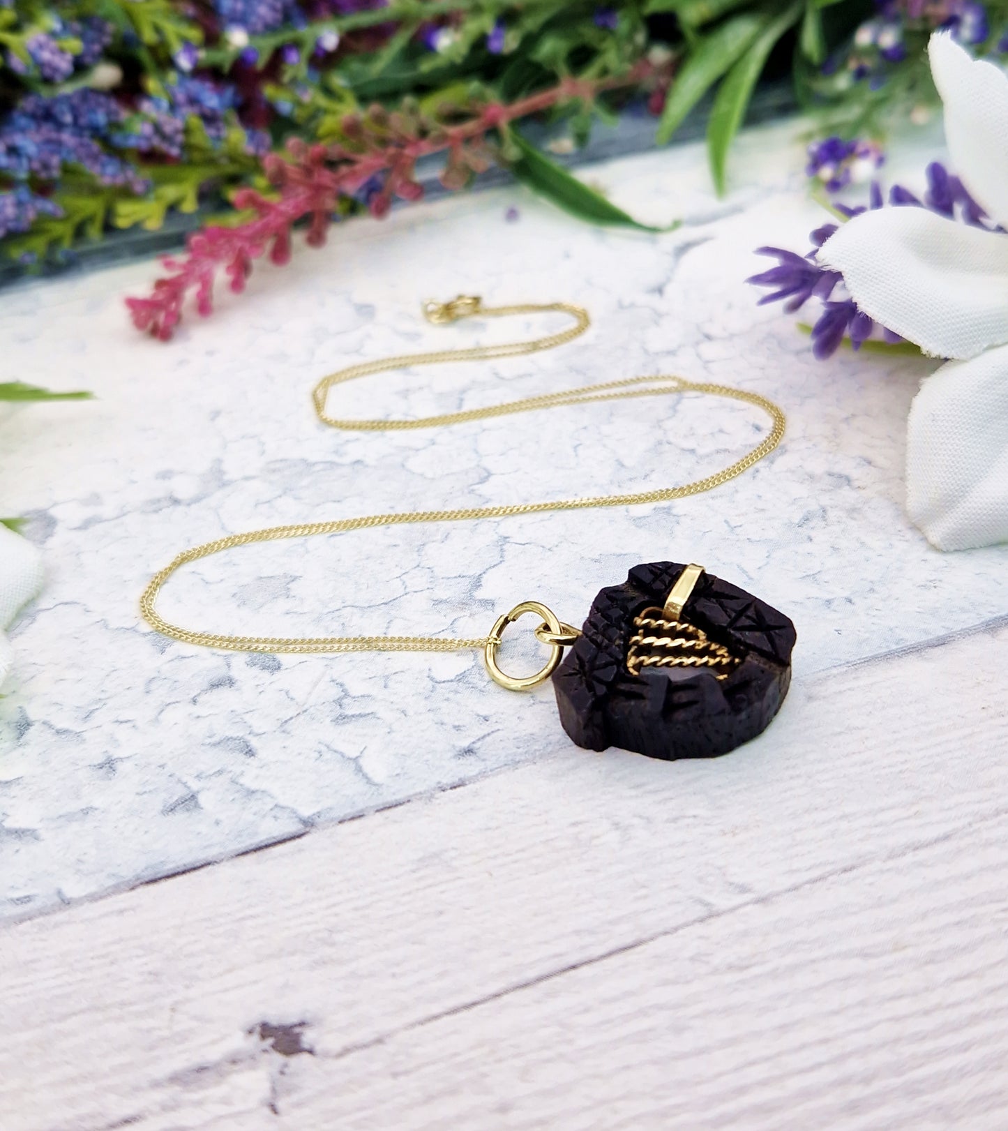 Antique Victorian Gold Tone Carved Bog Oak Irish Harp Pendant Necklace