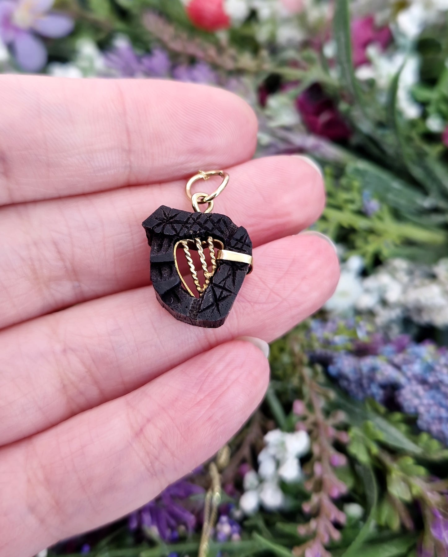 Antique Victorian Gold Tone Carved Bog Oak Irish Harp Pendant Necklace