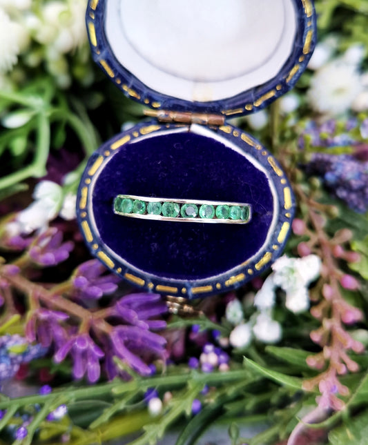 Vintage Sterling Silver Half Eternity Green Emerald Gemstone Stacking Ring / Size P or 8