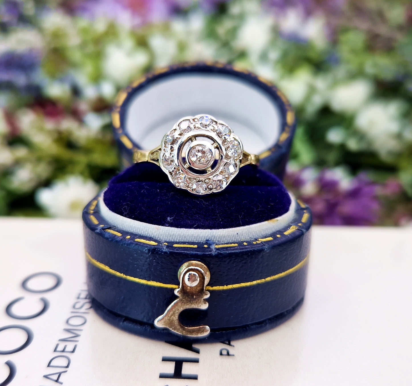 Antique Art Deco 1921 18ct Gold and Platinum Diamond Target Cluster Engagement Ring 0.39cts / Size M or 6.5