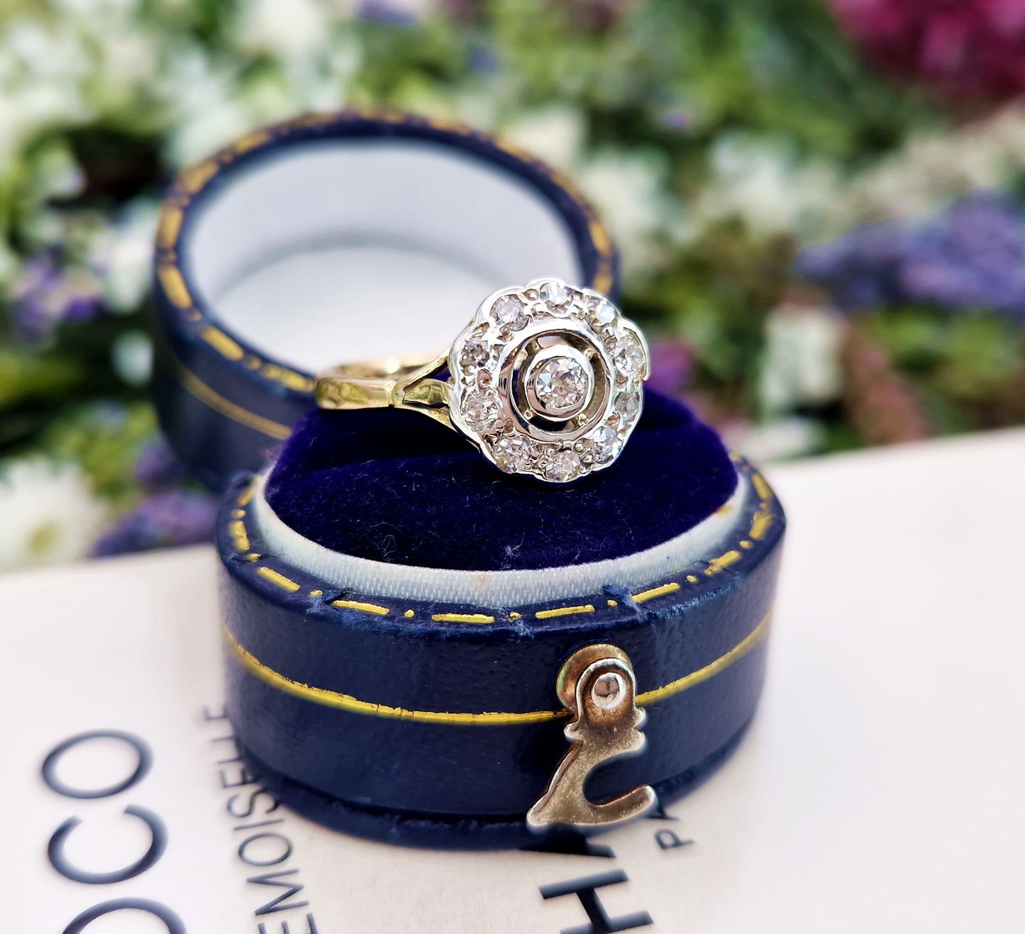 Antique Art Deco 1921 18ct Gold and Platinum Diamond Target Cluster Engagement Ring 0.39cts / Size M or 6.5