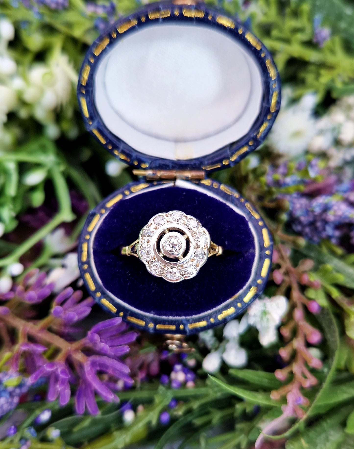 Antique Art Deco 1921 18ct Gold and Platinum Diamond Target Cluster Engagement Ring 0.39cts / Size M or 6.5