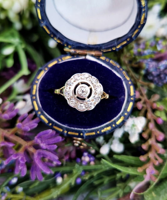 Antique Art Deco 1921 18ct Gold and Platinum Diamond Target Cluster Engagement Ring 0.39cts / Size M or 6.5