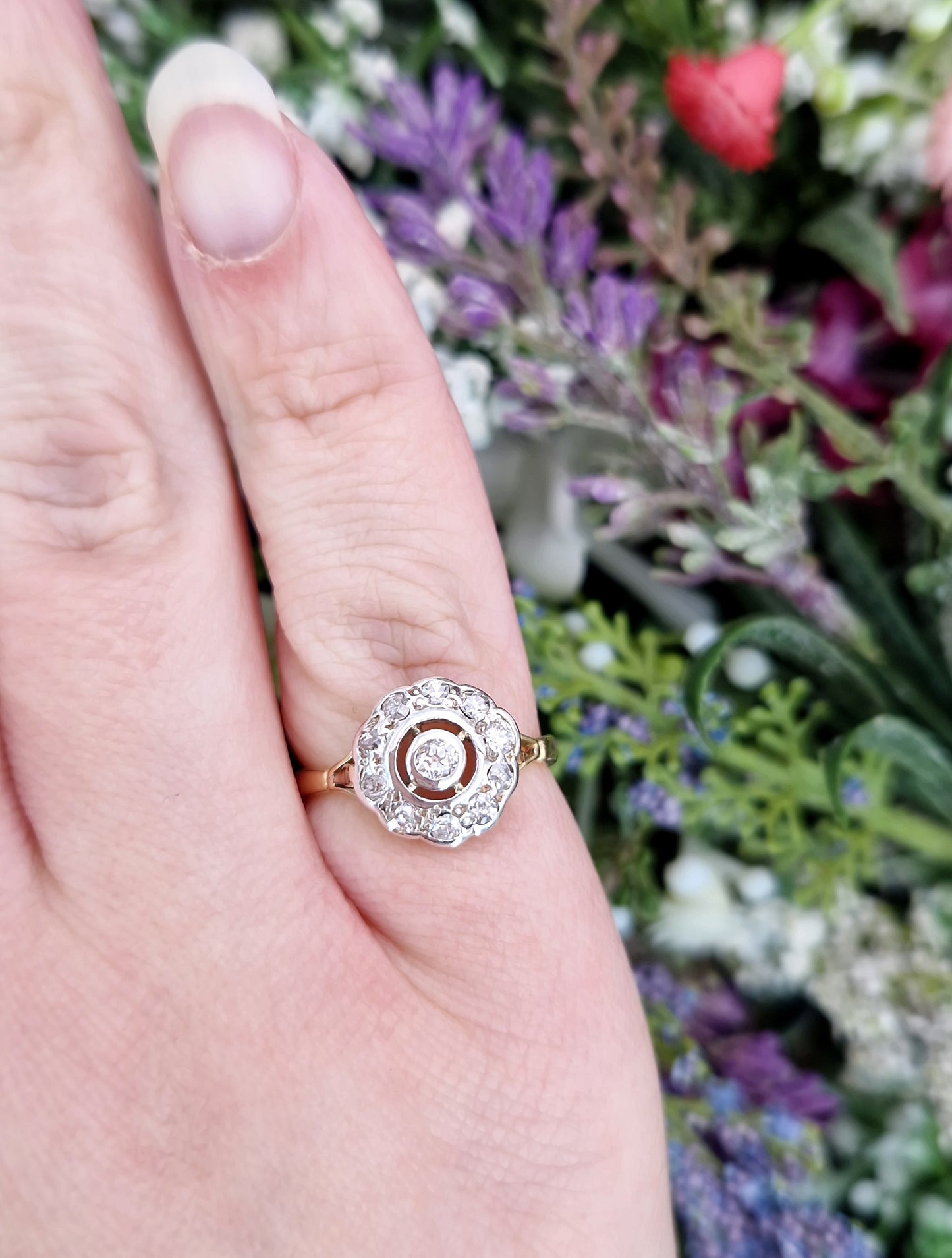 Antique Art Deco 1921 18ct Gold and Platinum Diamond Target Cluster Engagement Ring 0.39cts / Size M or 6.5