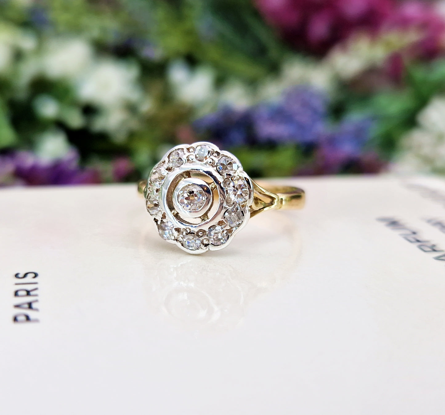 Antique Art Deco 1921 18ct Gold and Platinum Diamond Target Cluster Engagement Ring 0.39cts / Size M or 6.5