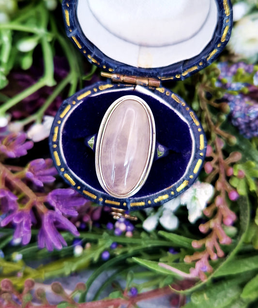 Vintage Sterling Silver Light Pink Rose Quartz Statement Solitaire Ring / Size M or 6.5