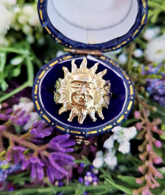 Vintage Gold on Sterling Silver Art Nouveau Style Sun Face Ring / Size O 1/2 or 7.75