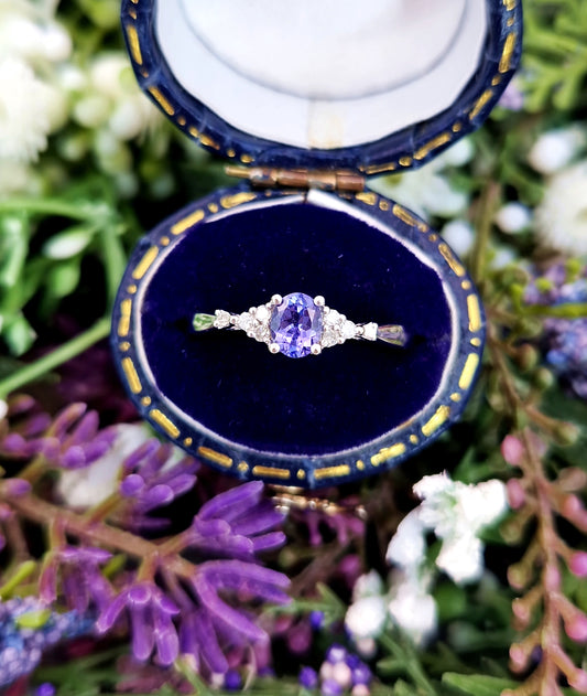 Vintage 9ct White Gold Dainty Tanzanite Gemstone and Diamond Ring / Size O 1/2 or 7.75