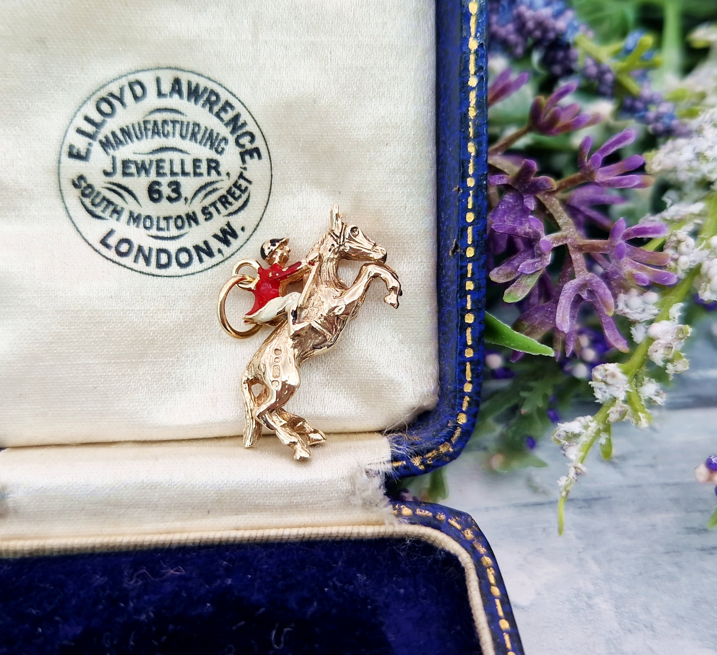 Vintage 1975 9ct Yellow Gold Miniature 3D Leaping Horse and Enamel Jockey Charm Pendant