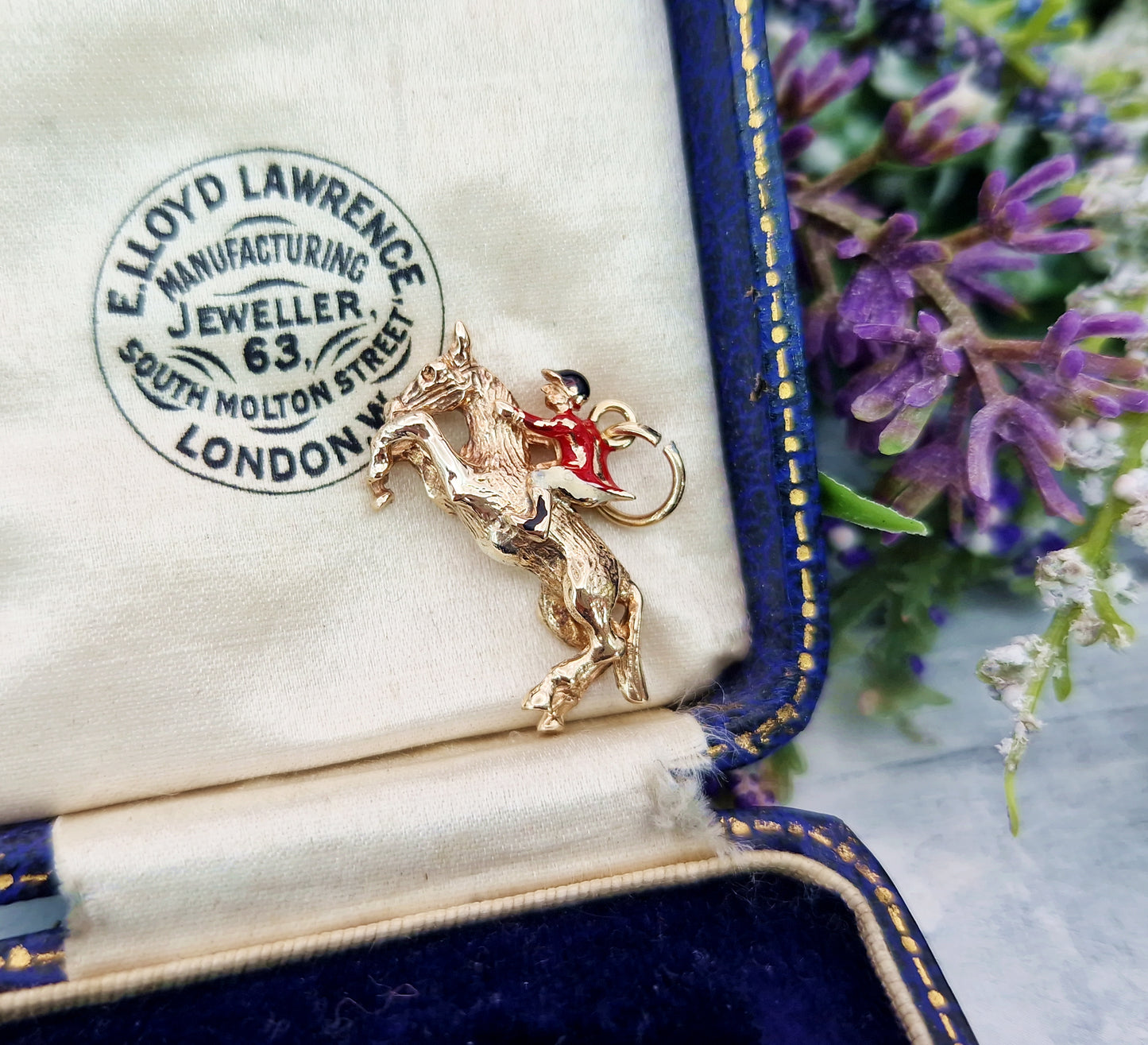Vintage 1975 9ct Yellow Gold Miniature 3D Leaping Horse and Enamel Jockey Charm Pendant