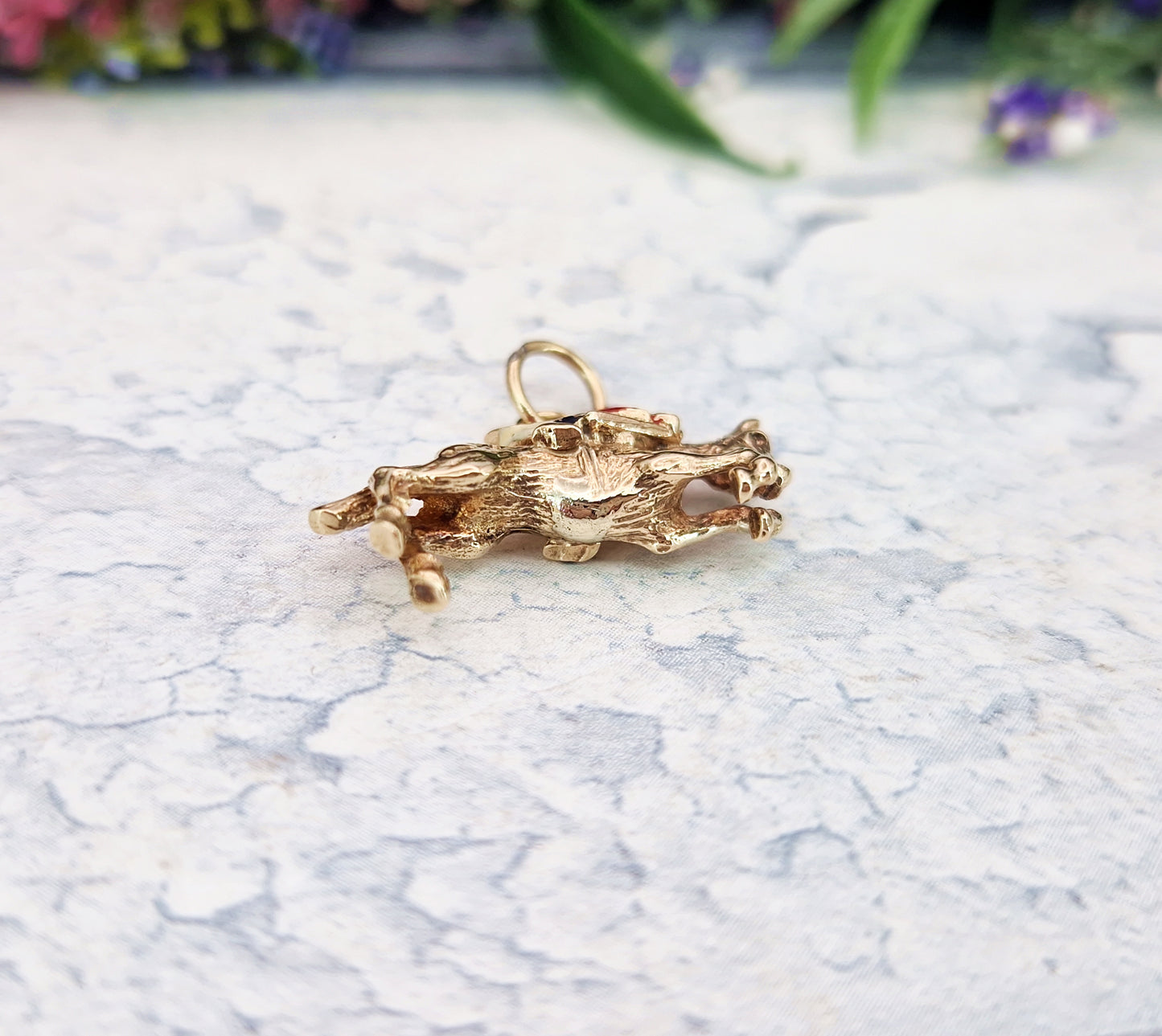 Vintage 1975 9ct Yellow Gold Miniature 3D Leaping Horse and Enamel Jockey Charm Pendant