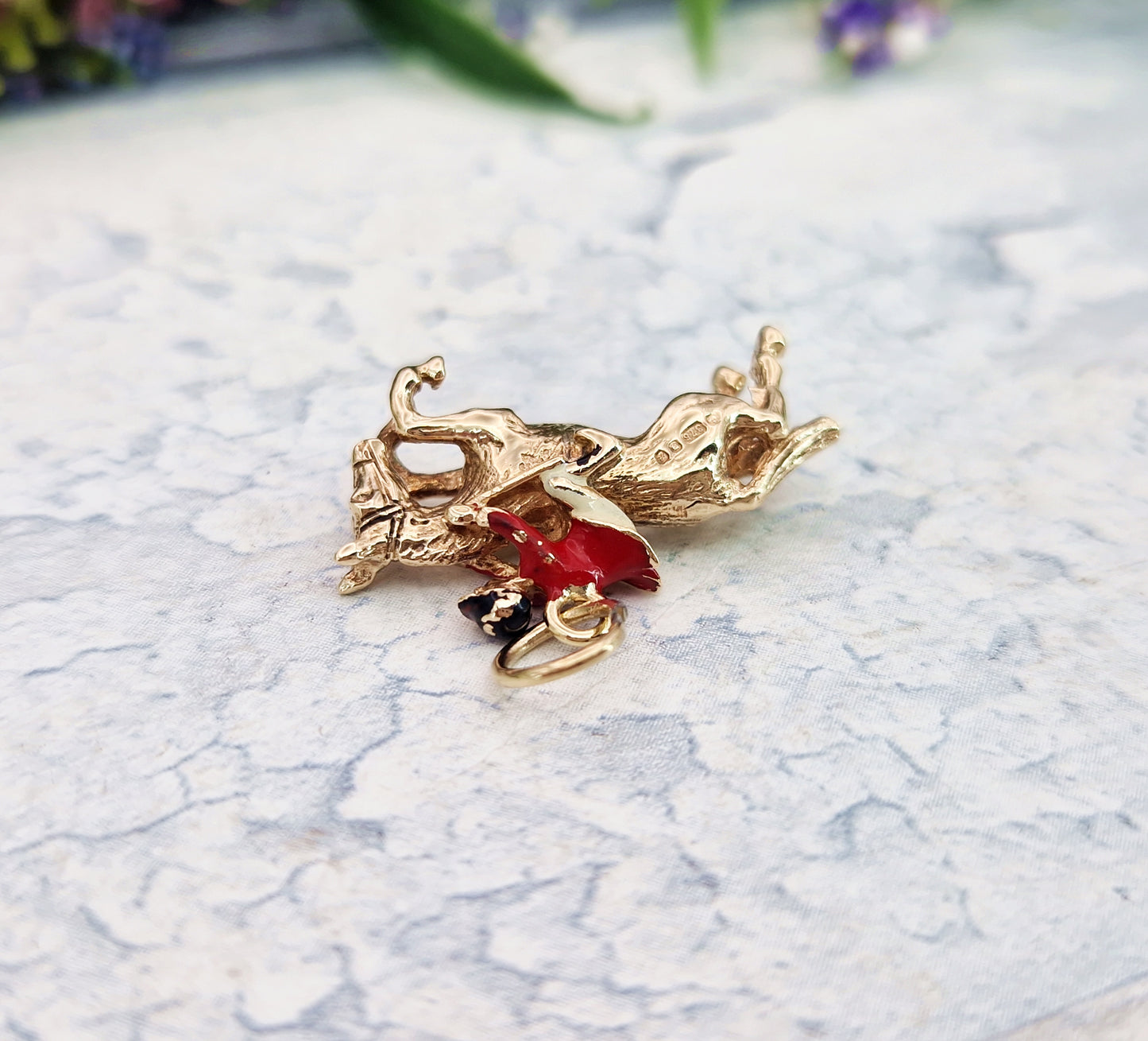 Vintage 1975 9ct Yellow Gold Miniature 3D Leaping Horse and Enamel Jockey Charm Pendant