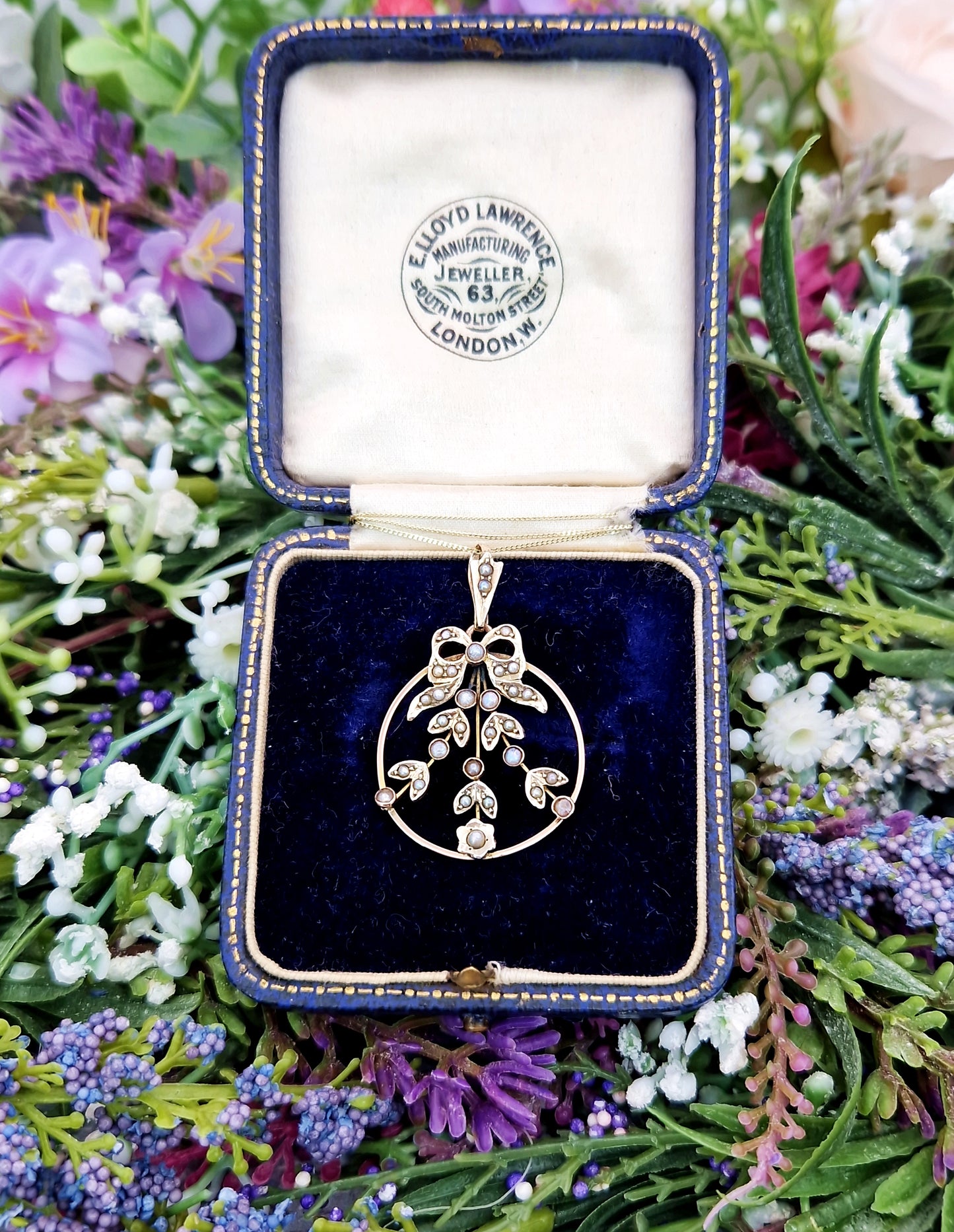 Antique Art Nouveau 9ct Gold Sweetheart Bow and Ivy Leaf Lavalier Pendant Necklace