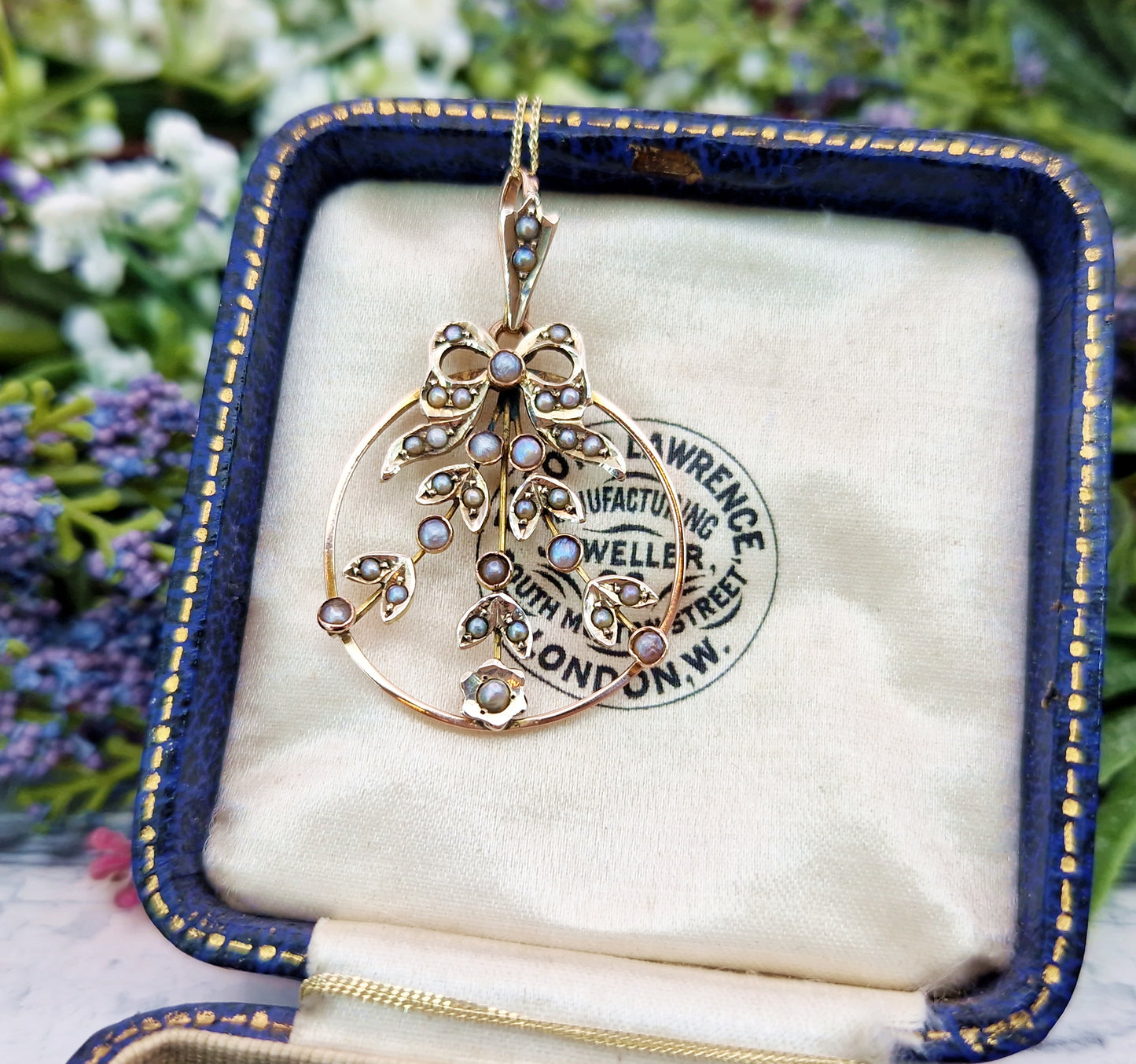 Antique Art Nouveau 9ct Gold Sweetheart Bow and Ivy Leaf Lavalier Pendant Necklace