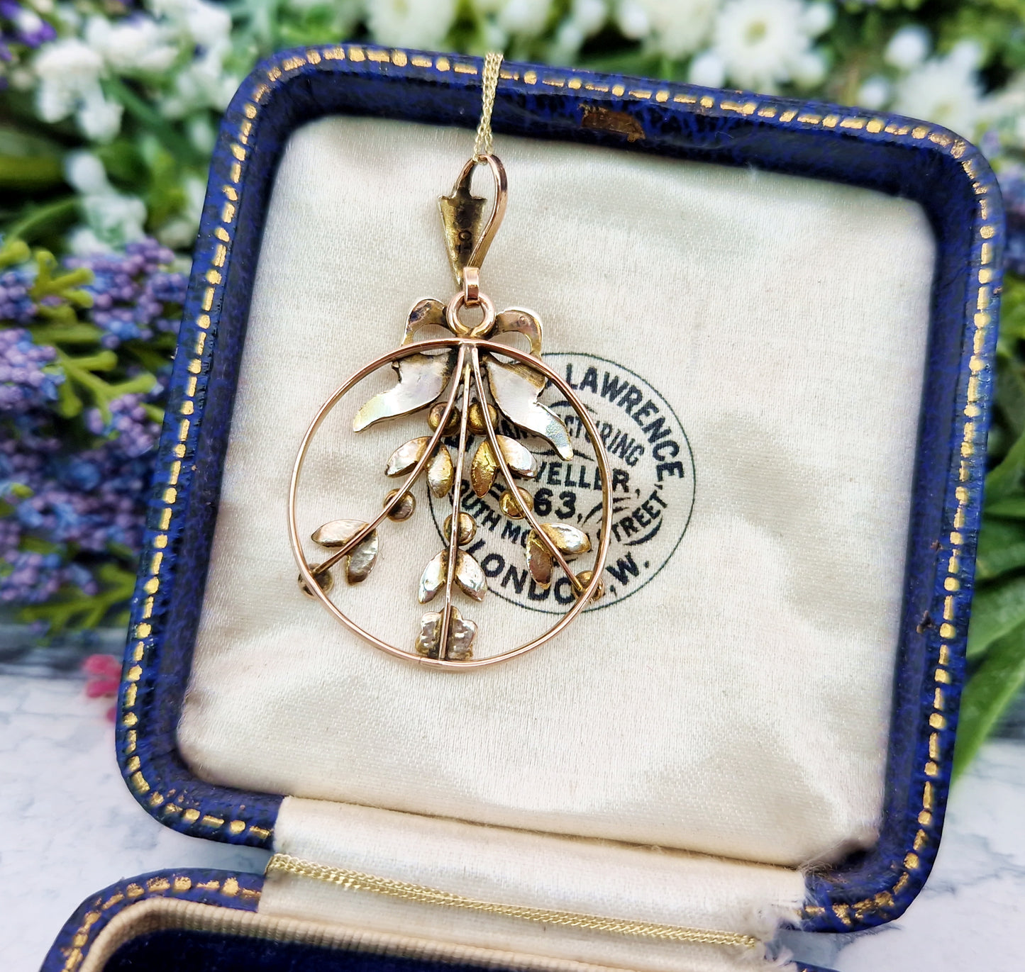 Antique Art Nouveau 9ct Gold Sweetheart Bow and Ivy Leaf Lavalier Pendant Necklace