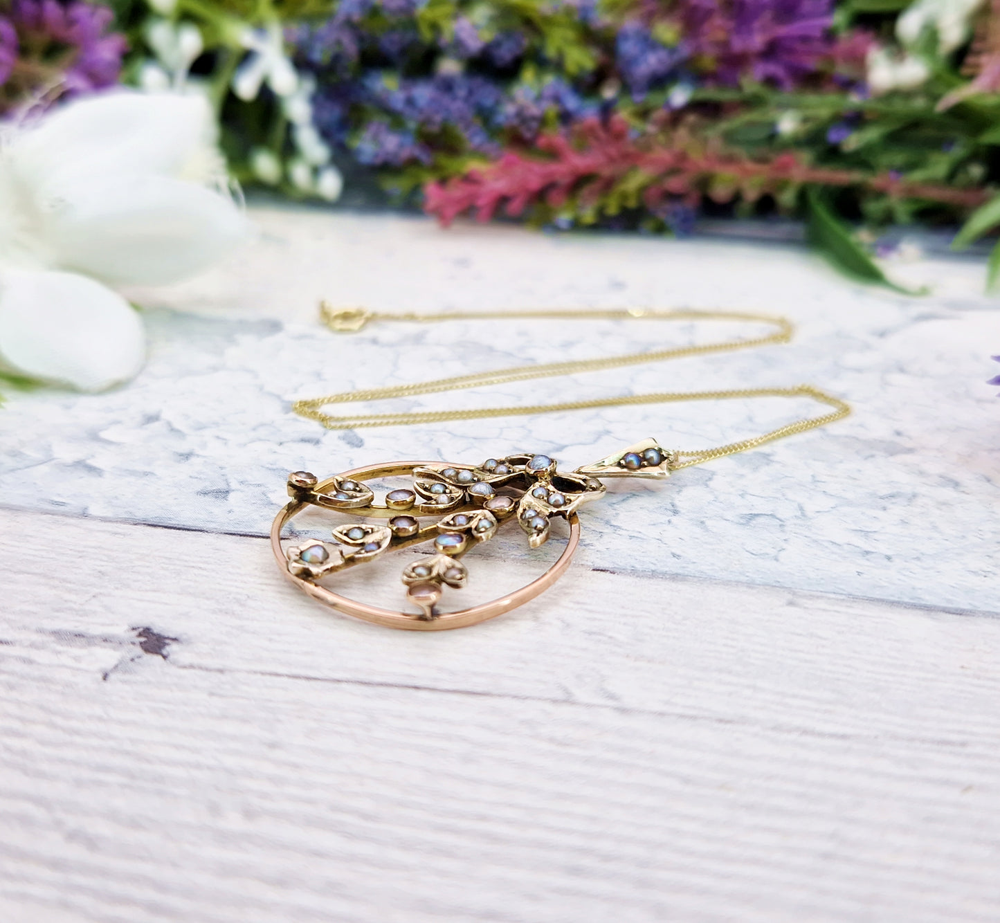 Antique Art Nouveau 9ct Gold Sweetheart Bow and Ivy Leaf Lavalier Pendant Necklace