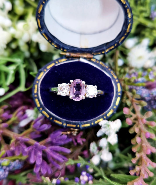 Vintage Sterling Silver Amethyst and Cubic Zirconia Trilogy Ring / Size P 1/2 or 8.25