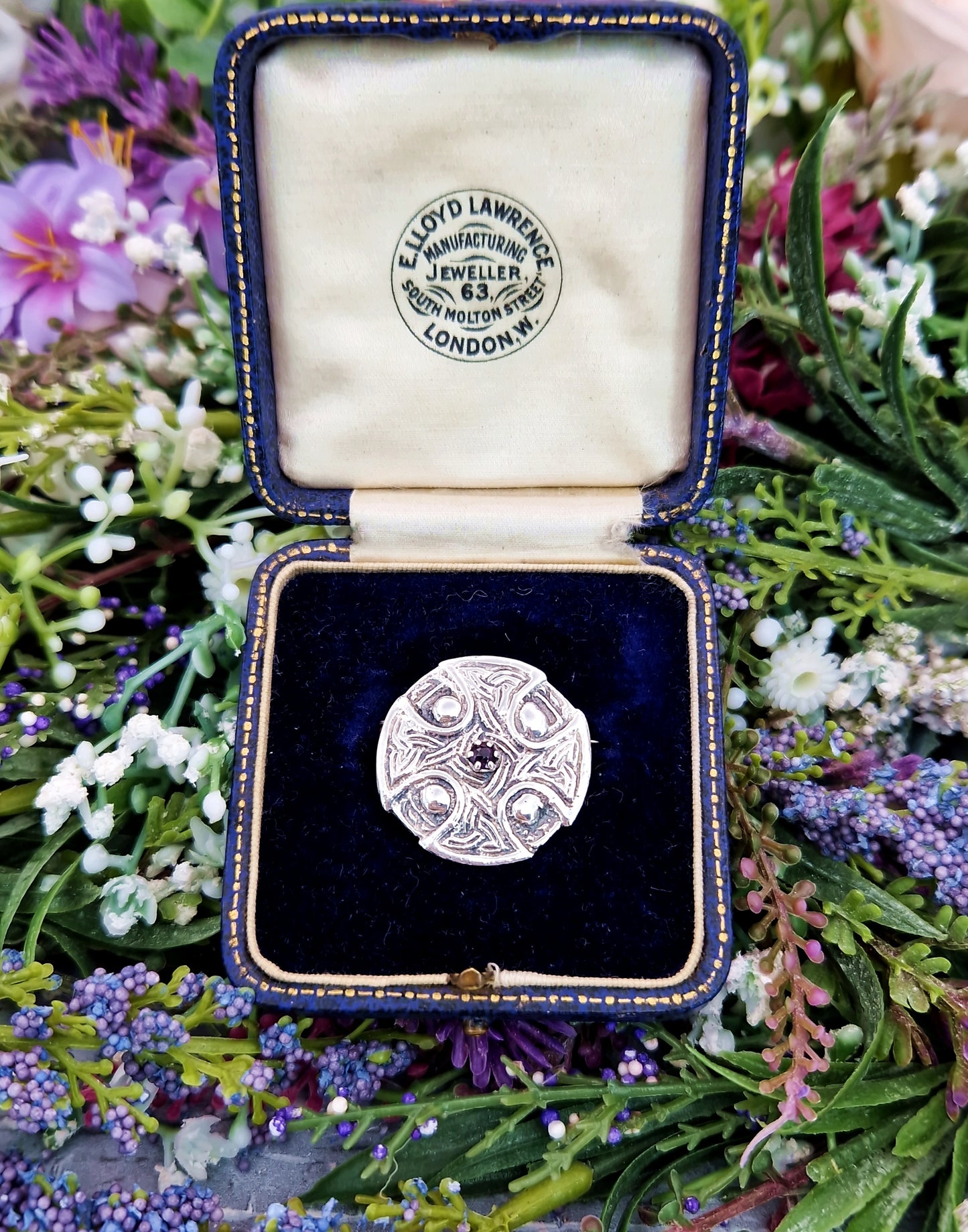 Vintage Sterling Silver Celtic Circular Shield Amethyst Brooch Pin